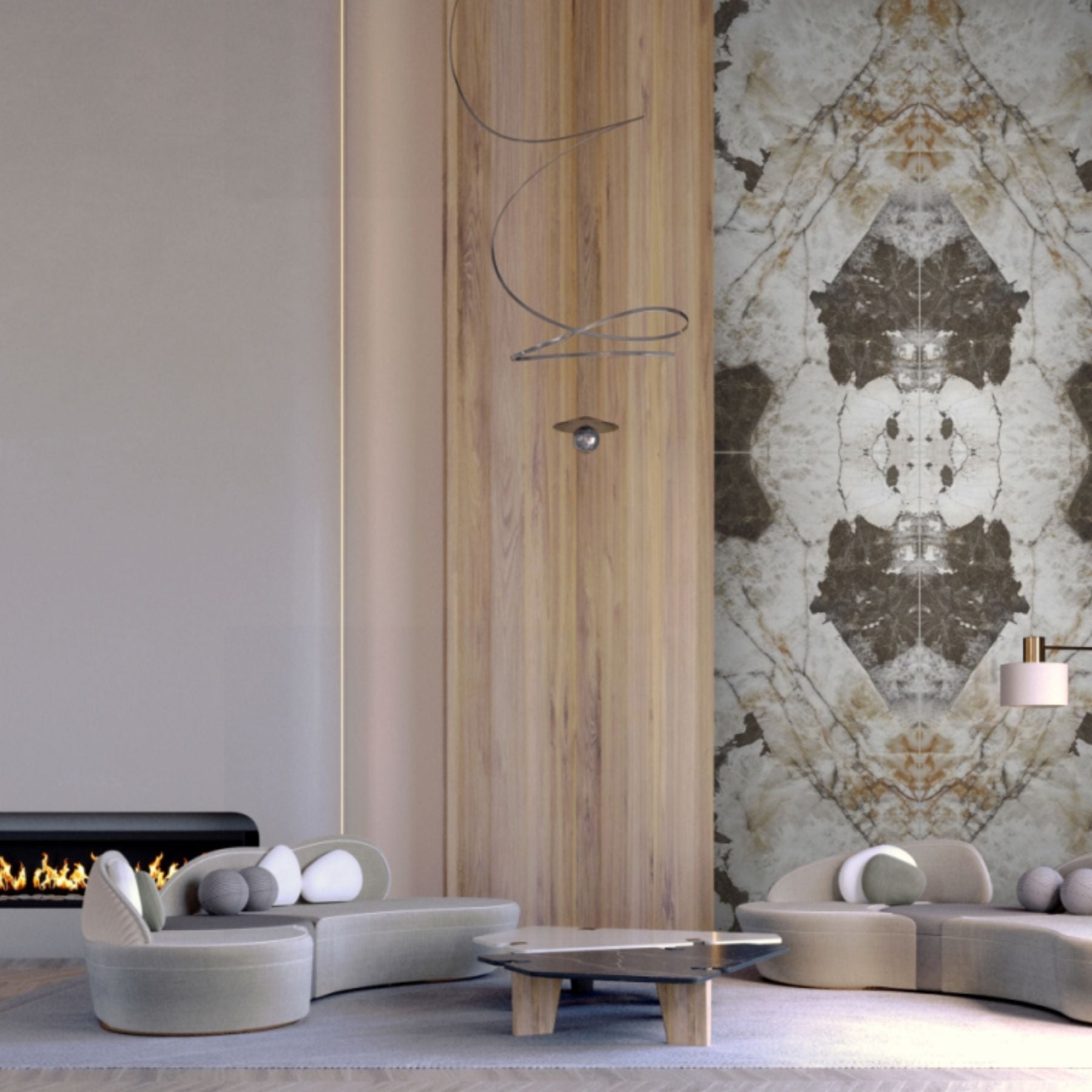 Patagonia Stone bookmatch porcelain slab in 120x280cm with 6mm thickness, featuring polished A & B patterns for luxury stone-look walls, floors and interiors.