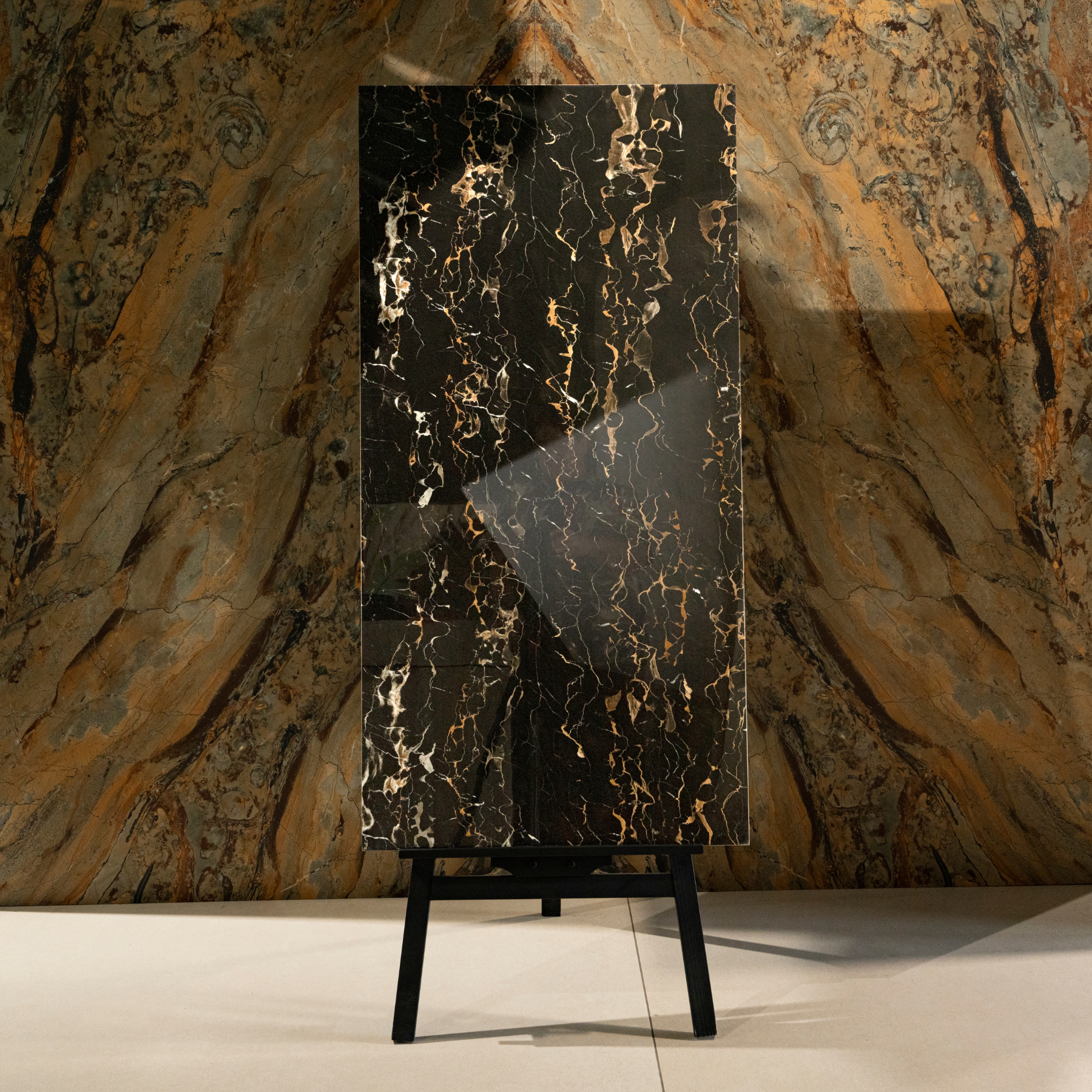 Portoro Gold porcelain tile 60x120cm 9mm thickness, black marble look with gold veining, durable porcelain tile for luxury floors and walls.