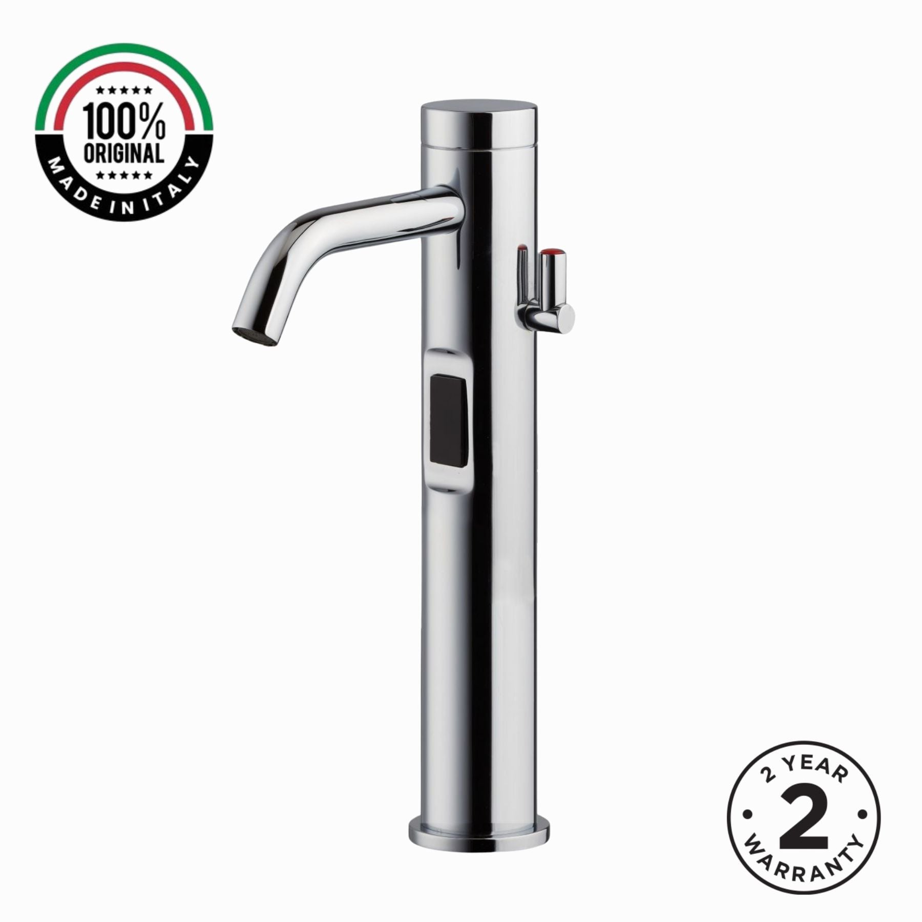 Premium battery-powered electronic basin mixer tap with extended body, modern above-counter installation and luxury finish options.