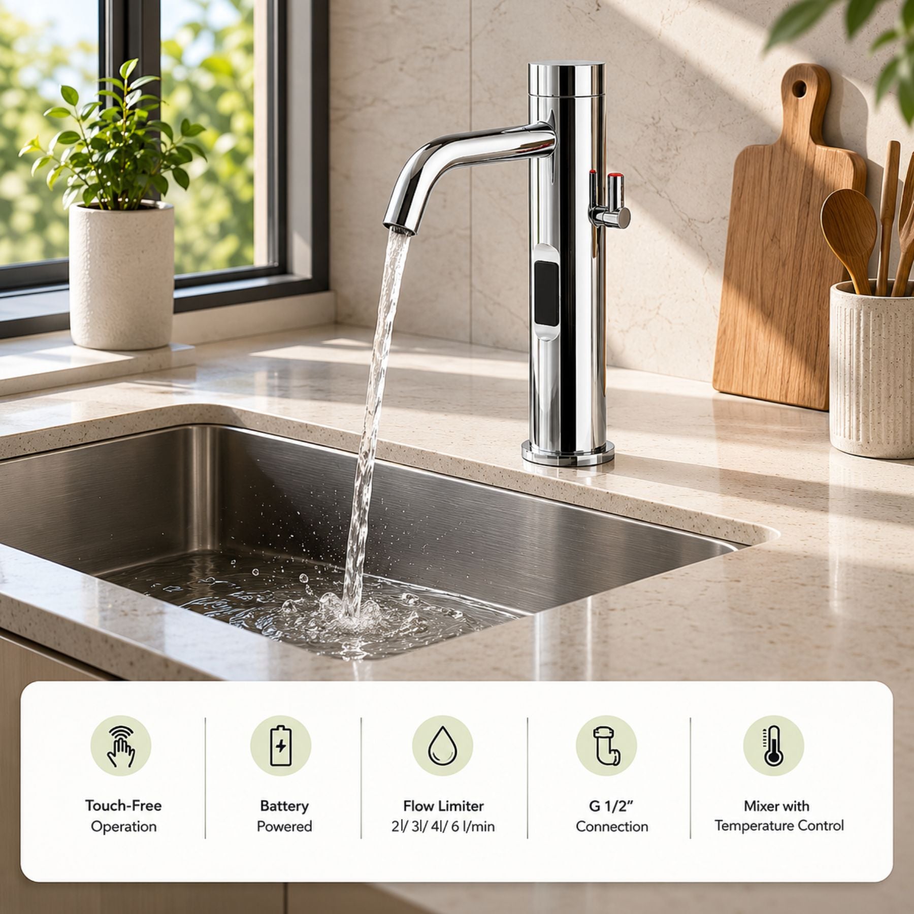 Premium battery-powered electronic basin mixer tap with extended body, modern above-counter installation and luxury finish options.