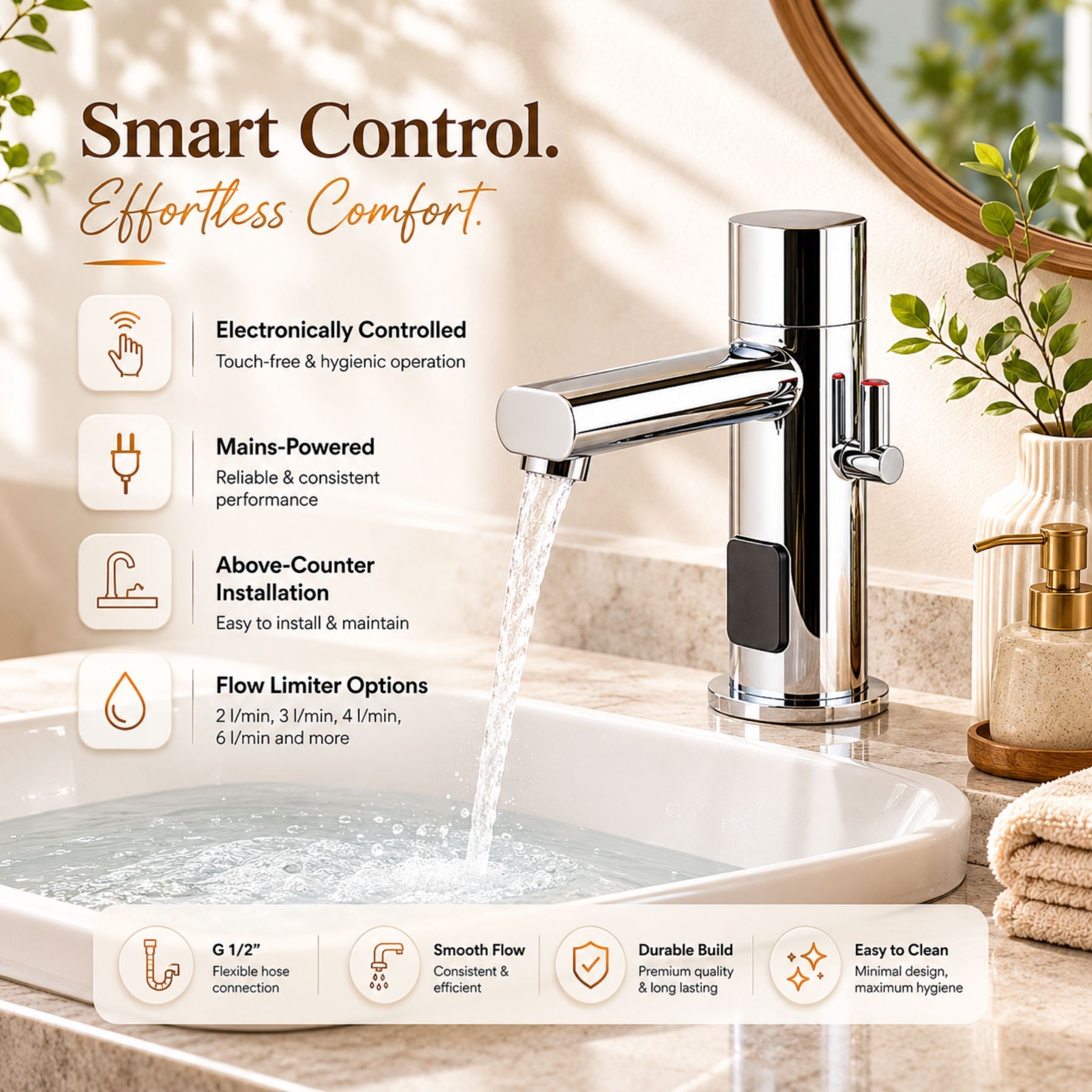 Premium mains-powered electronic sink mixer tap with above-counter installation and water-saving flow limiter technology.
