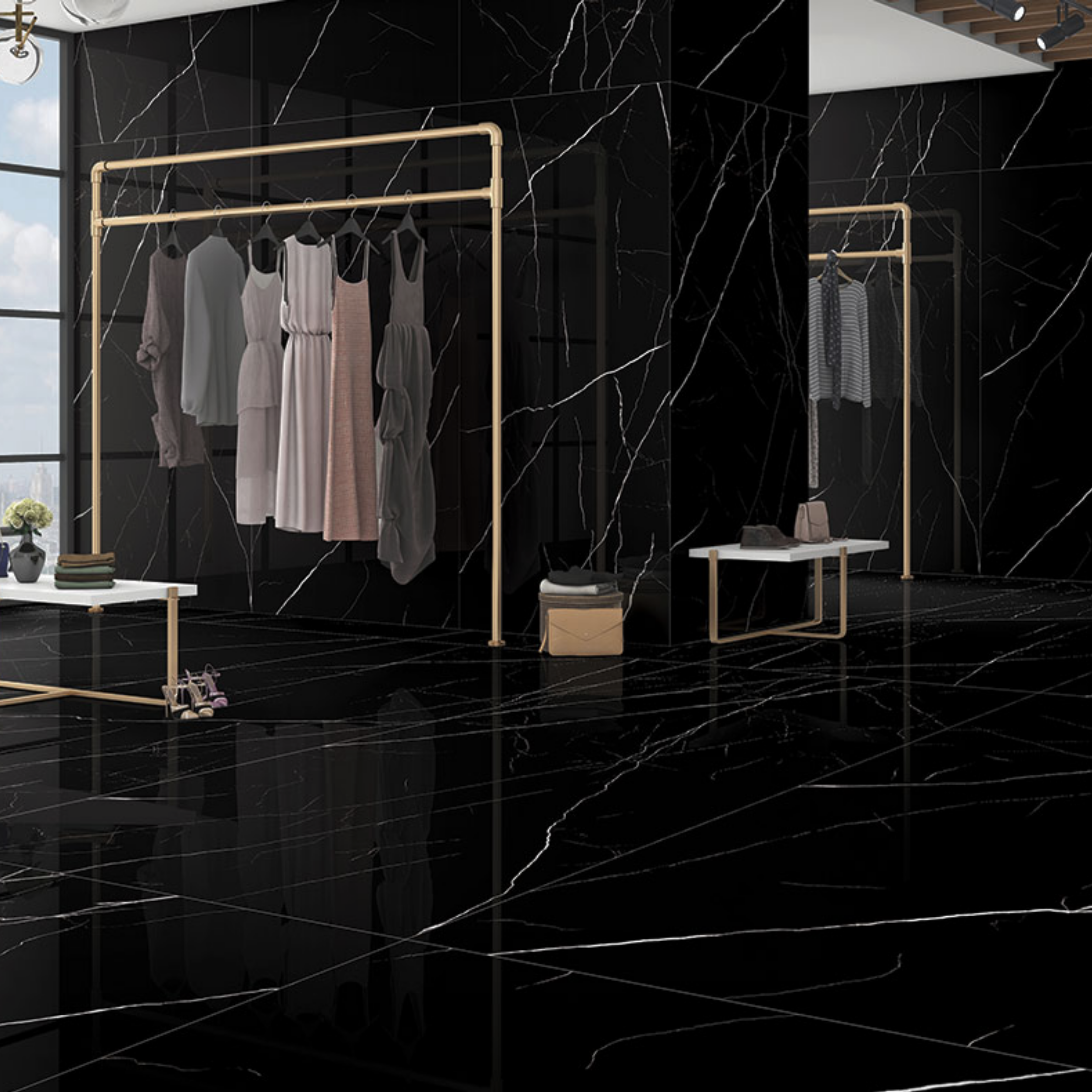 ROYAL MARQUINA 120x278cm black marble look tile with rich veins and a refined matt finish. A premium large format tile for luxurious interiors.