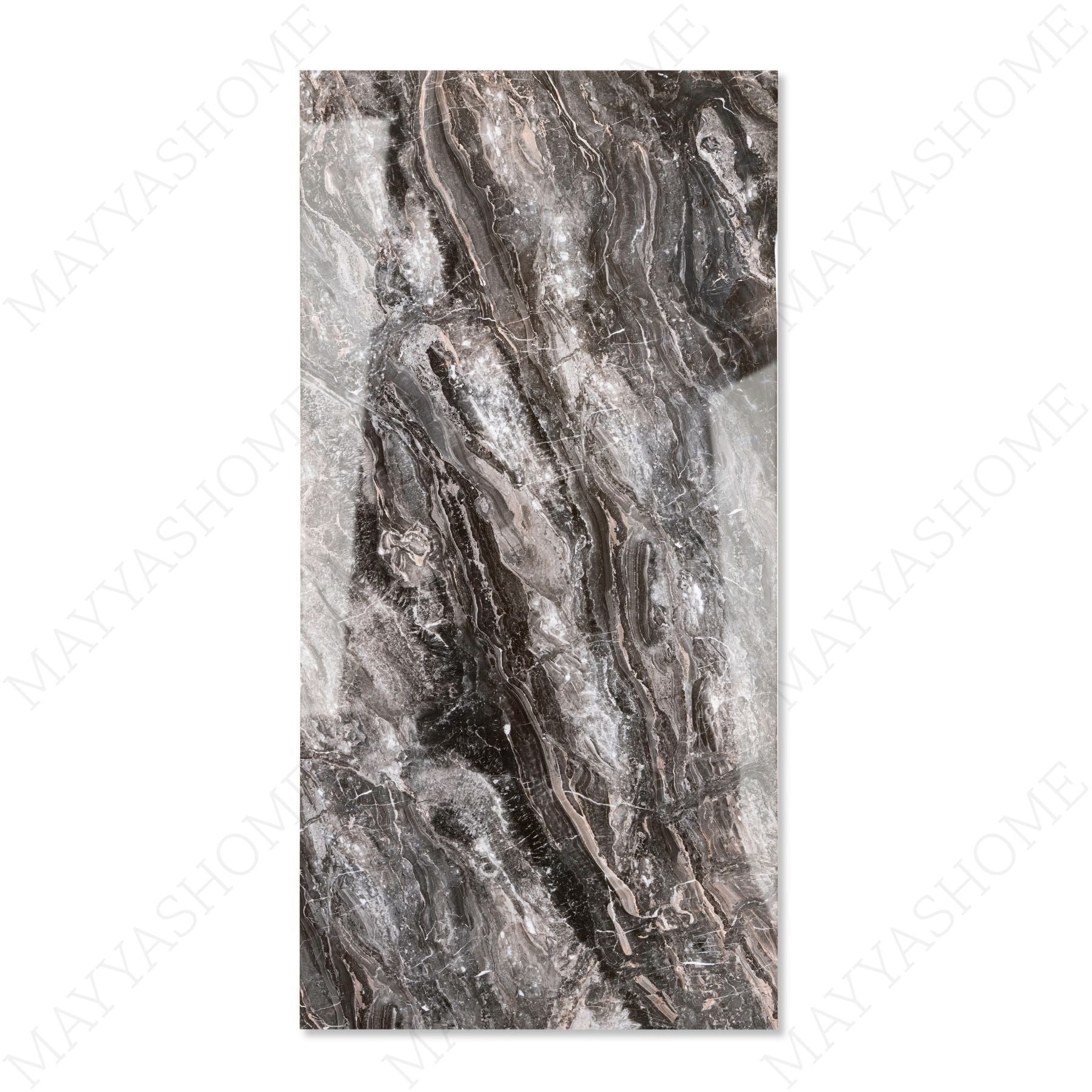 Royal Obsidian glossy porcelain tile 60x120cm with 9mm thickness features deep black tones, bold natural veining and elegant polished surface finish.