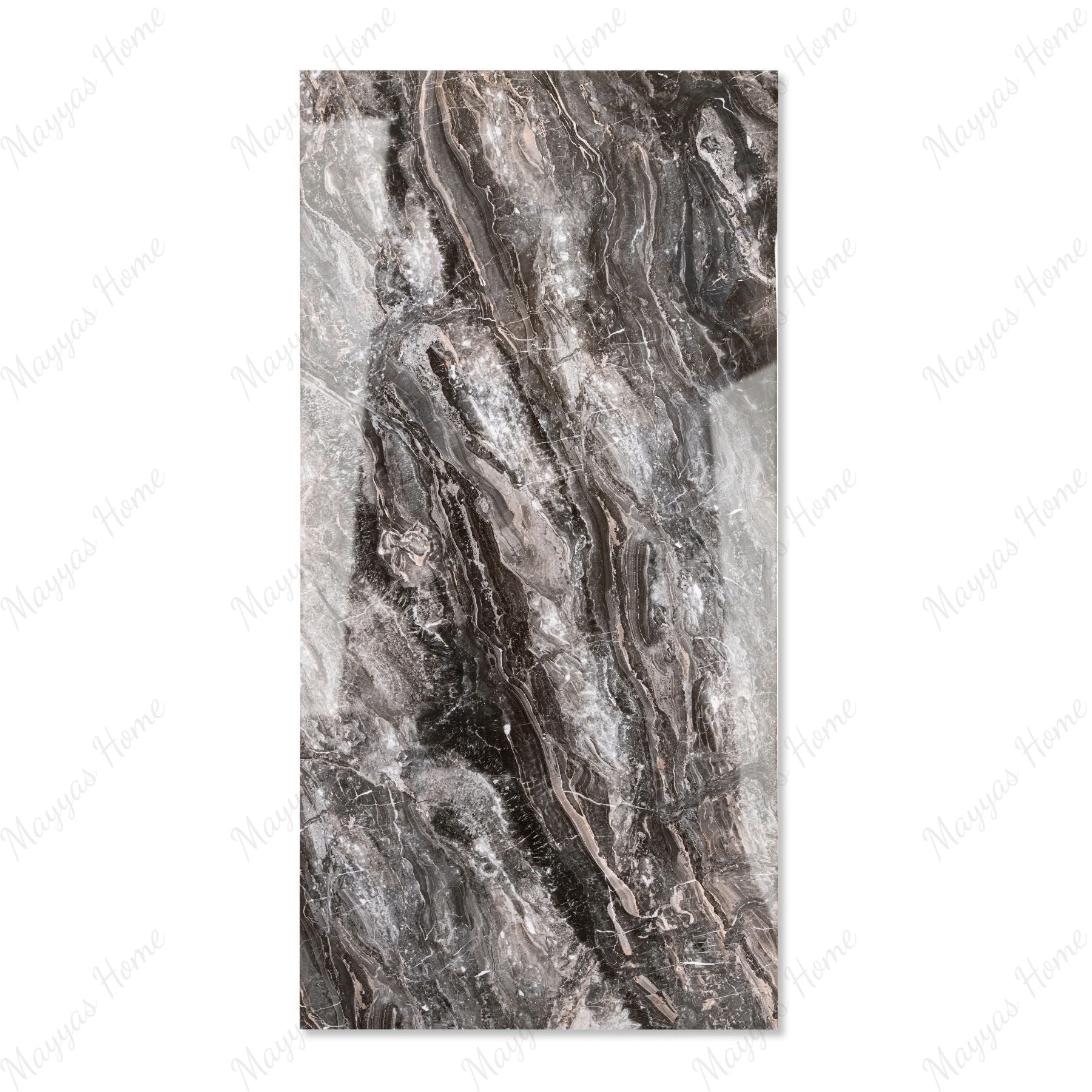 Royal Obsidian glossy porcelain tile 60x120cm with 9mm thickness features deep black tones, bold natural veining and elegant polished surface finish.