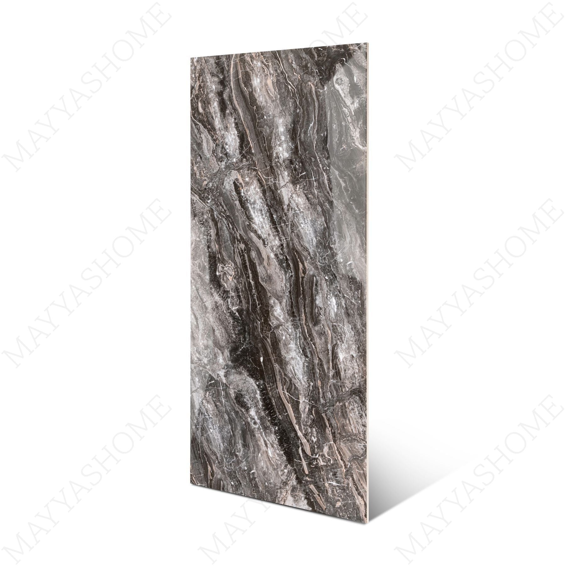 Royal Obsidian glossy porcelain tile 60x120cm with 9mm thickness features deep black tones, bold natural veining and elegant polished surface finish.