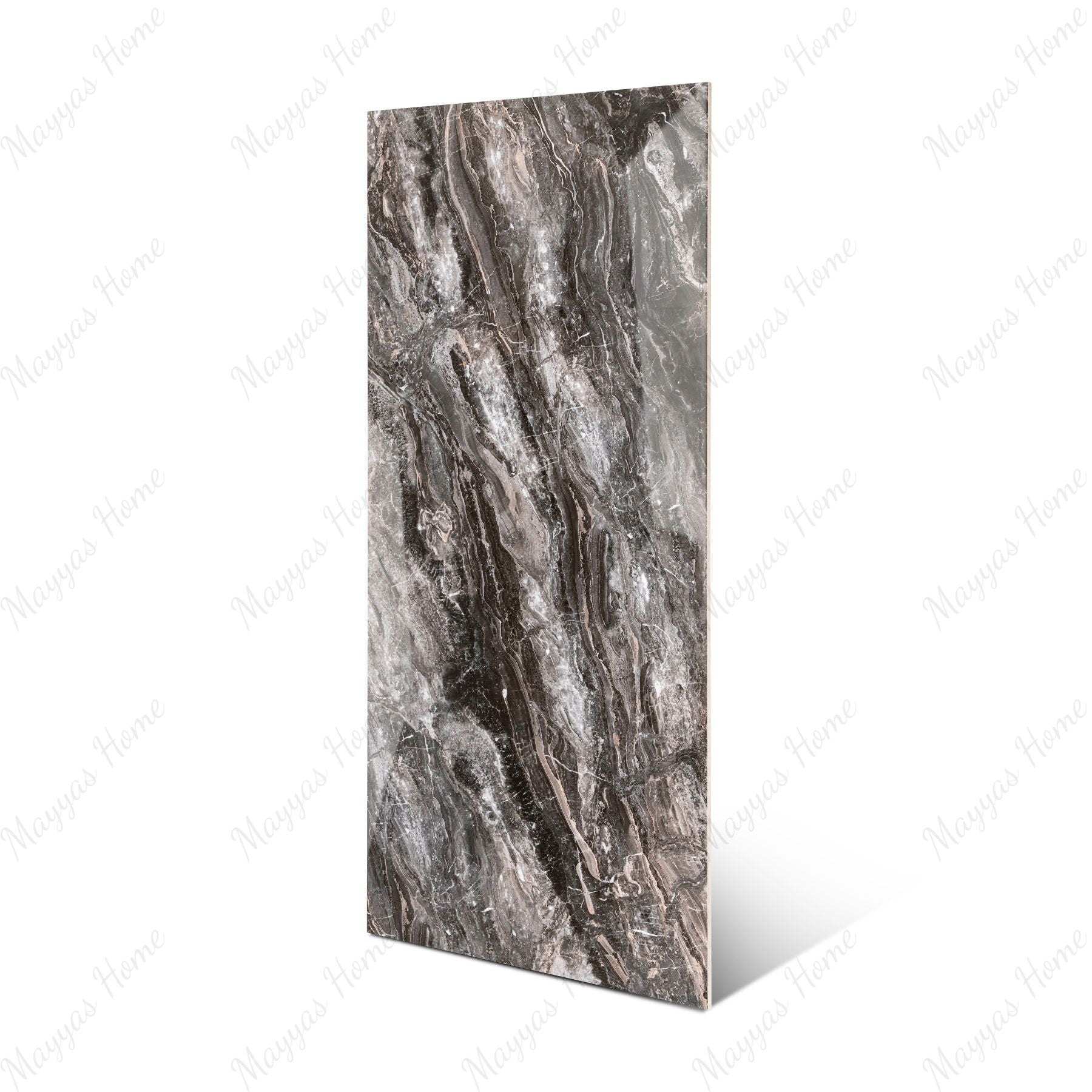 Royal Obsidian glossy porcelain tile 60x120cm with 9mm thickness features deep black tones, bold natural veining and elegant polished surface finish.