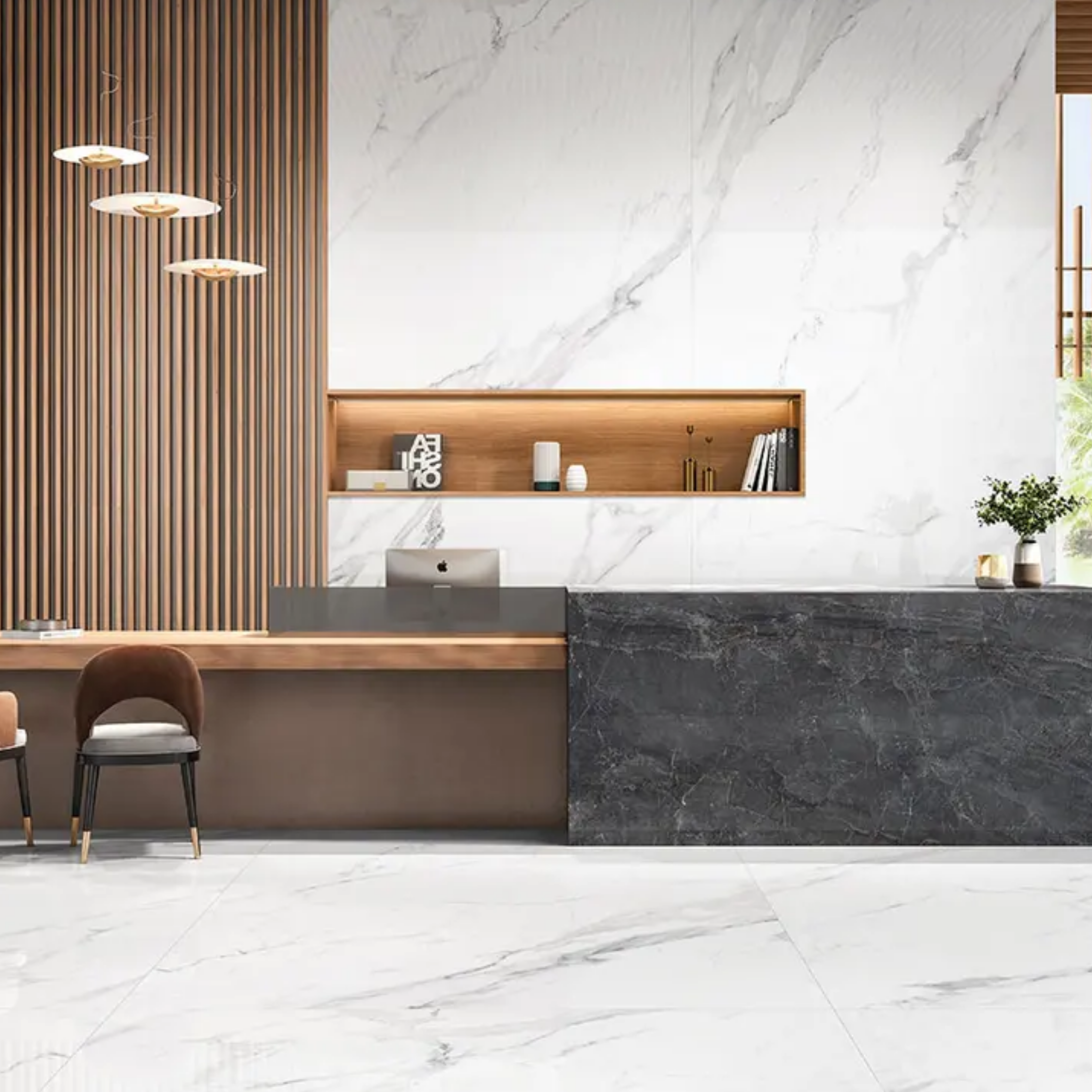 STATUARIO REGALIA 120x278cm white marble look tile with luxurious veining and a brilliant glossy finish. A premium large format tile for elegant interiors.