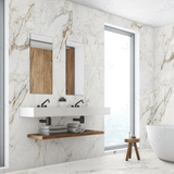 Serbia Gold 120x278cm glossy porcelain tile with golden veining on a creamy base. Luxurious 09mm slab for premium floors and feature walls.