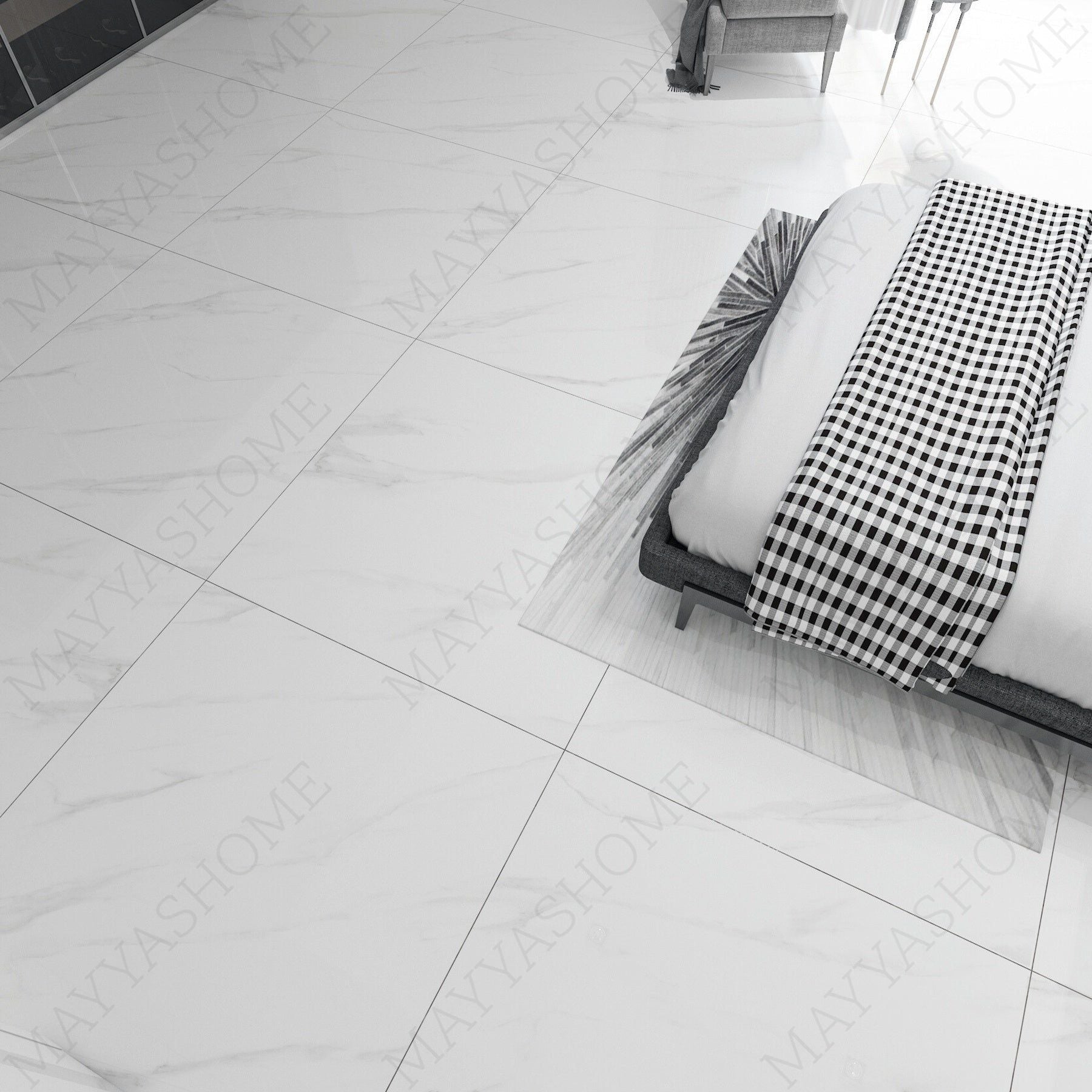 Shop STATUARIO ANGEL large format porcelain tiles (120x120cm) with a 9MM glossy finish and premium white marble effect. Durable, scratch-resistant, and easy to install. Perfect for luxurious interiors.