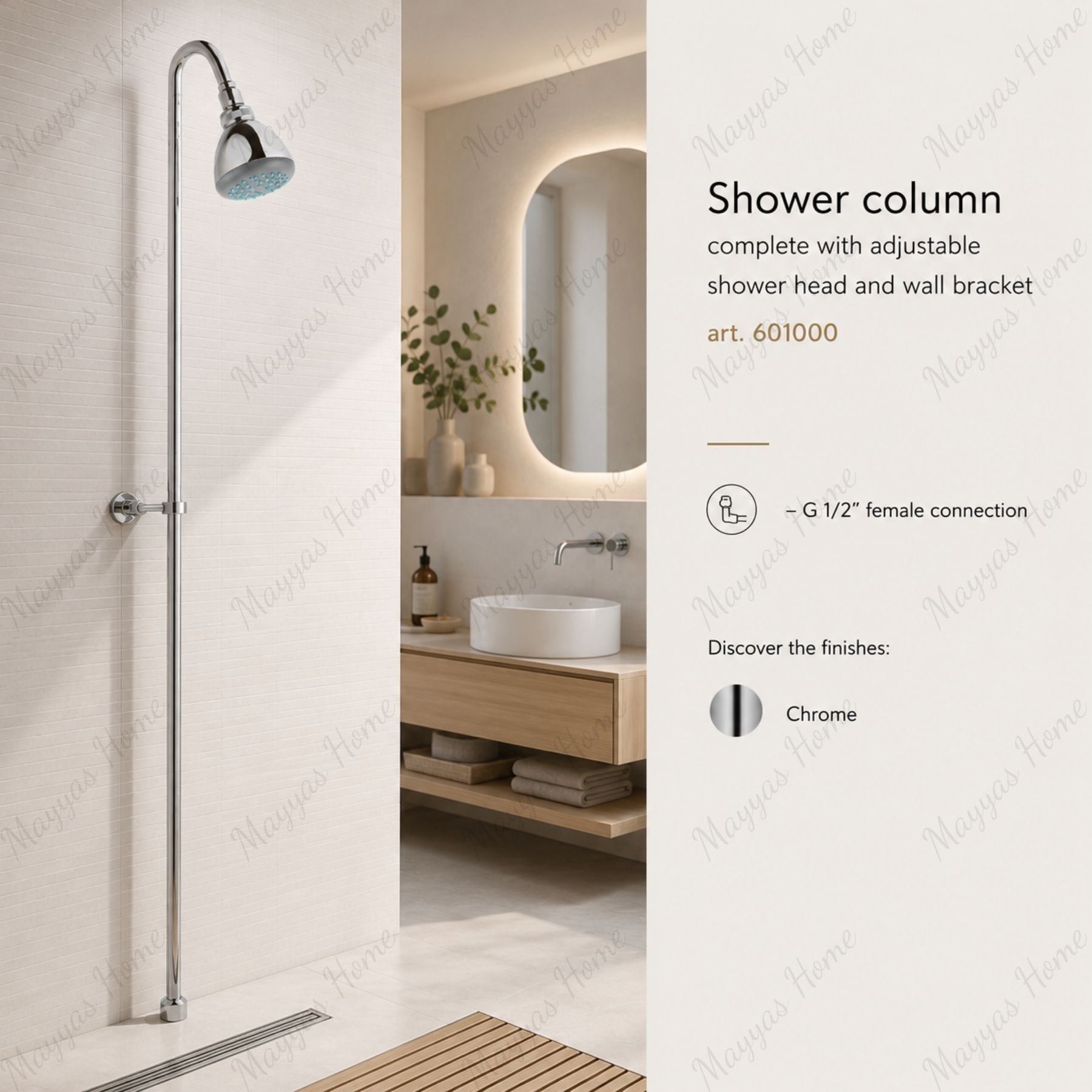 Shower column with adjustable shower head, wall bracket and G1/2 female connection. Ideal for hotels, healthcare facilities and residential bathrooms in UAE.