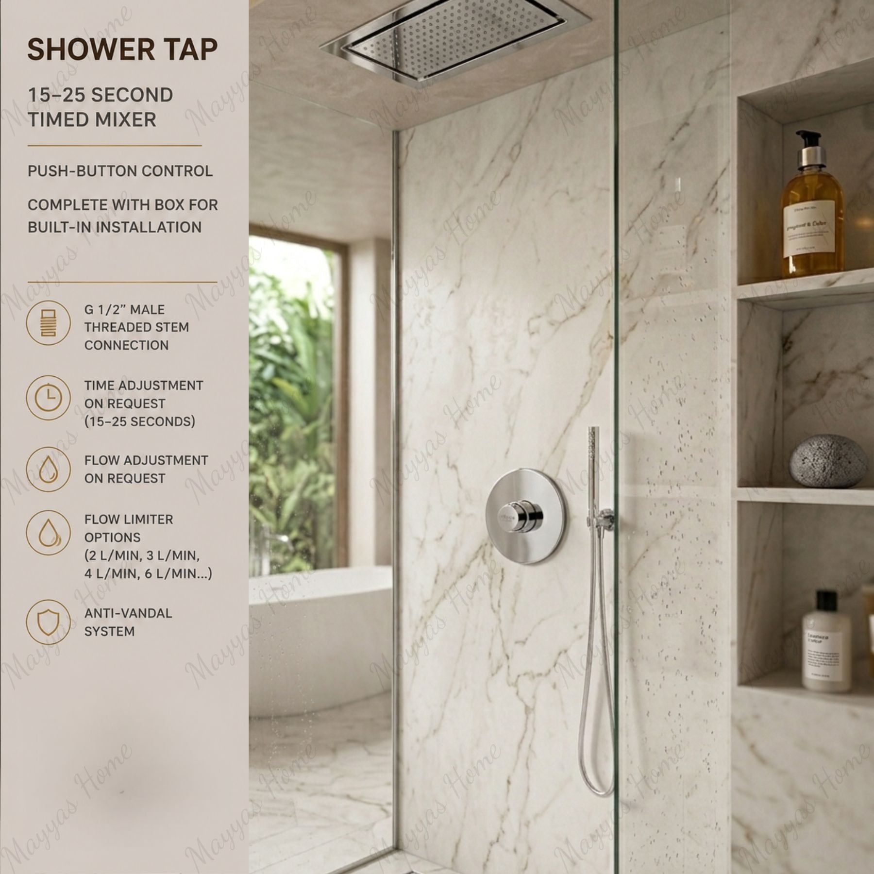 Single water built-in timed shower faucet with 15–25 second push-button control, anti-vandal protection and water-saving performance for commercial and public shower facilities.