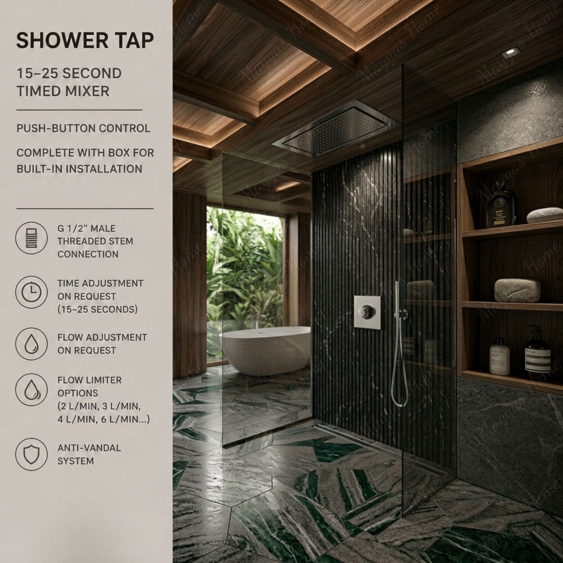 Single water built-in timed shower tap with 15–25 second push-button control, installation box and anti-vandal protection for commercial and public shower facilities.