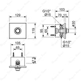 Single water built-in timed shower tap with 15–25 second push-button control, installation box and anti-vandal protection for commercial and public shower facilities.