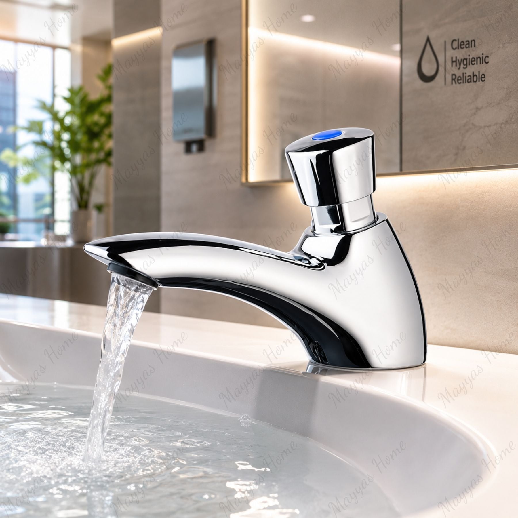 Single water timed sink tap with 8–12 second push-button control, anti-vandal protection and water-saving design. Ideal for UAE commercial washrooms.