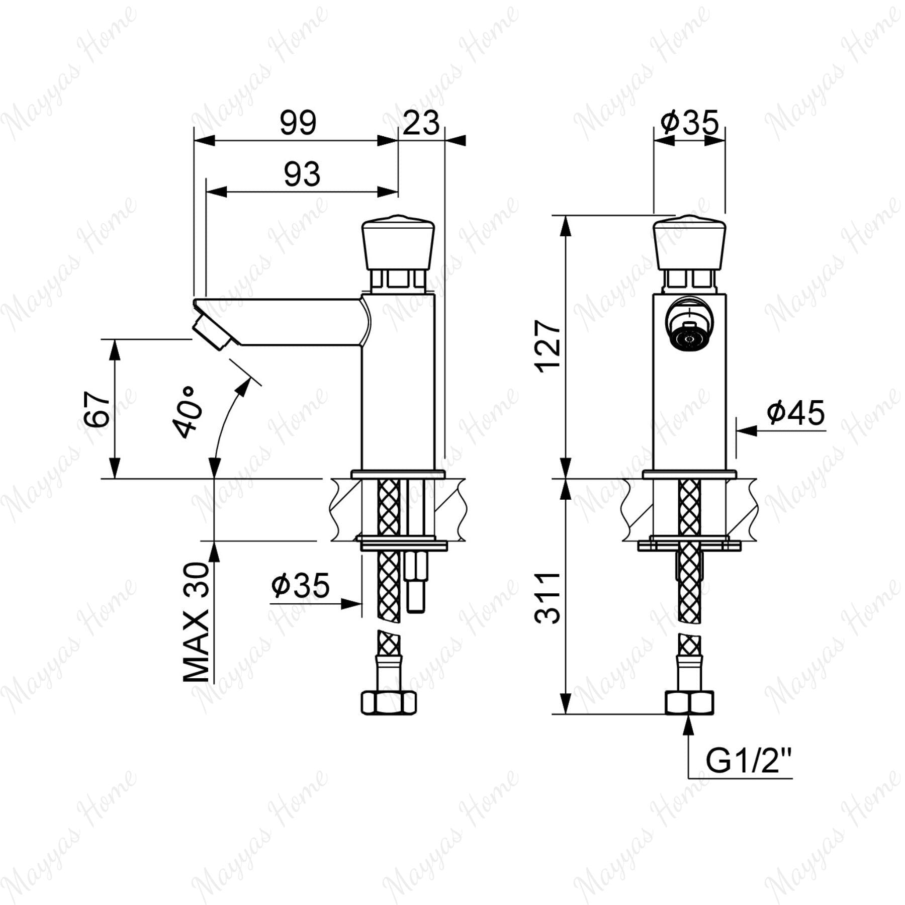 Single water timed sink tap with 8–12 second push-button control, anti-vandal protection and water-saving flow options. Ideal for UAE commercial and public washrooms.