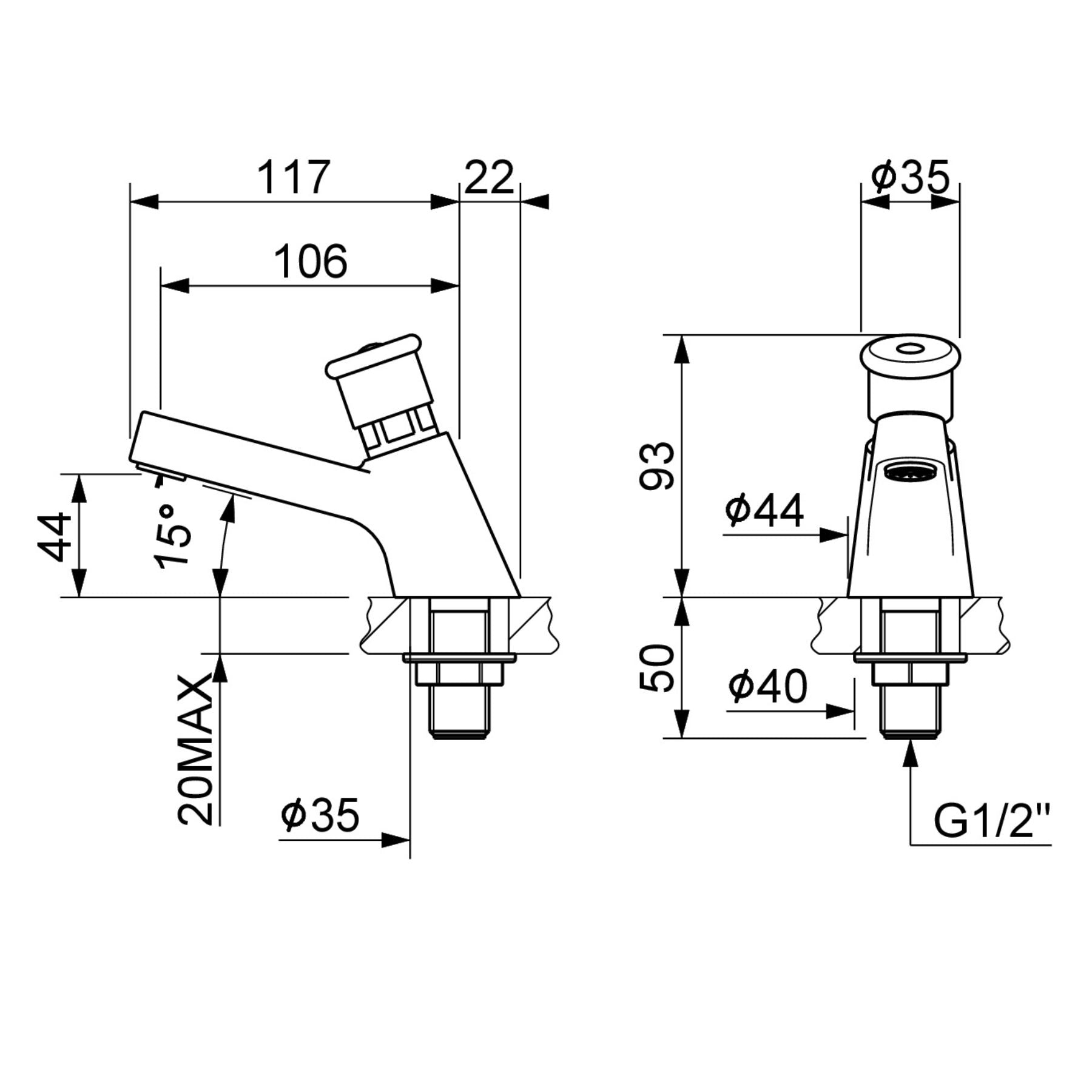 Single water timed sink tap with 8–12 second push-button operation, anti-vandal protection, adjustable flow, and water-saving performance for UAE washrooms.
