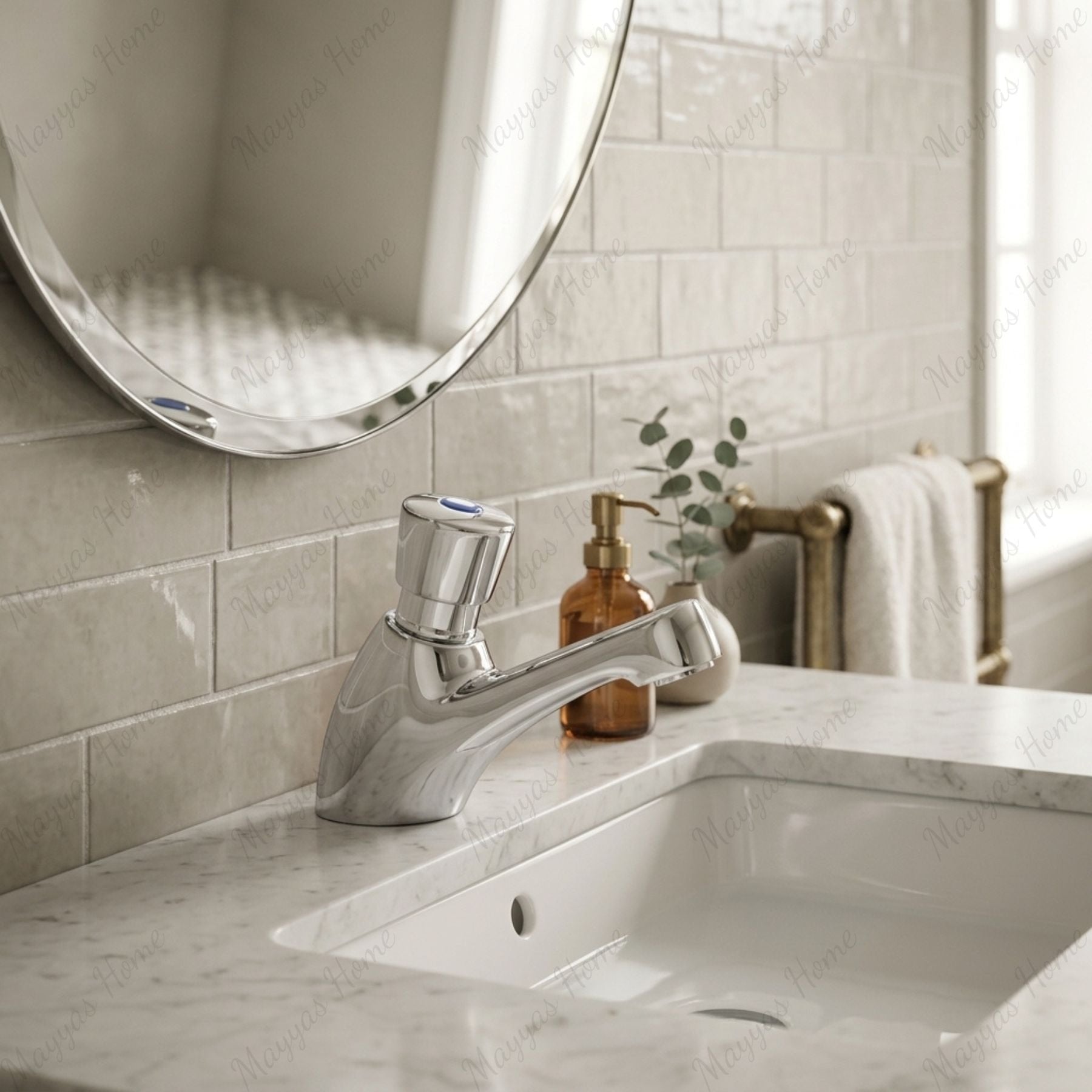 Single water timed sink tap with 8–12 second push-button operation, anti-vandal protection, and adjustable flow options for UAE commercial washrooms.