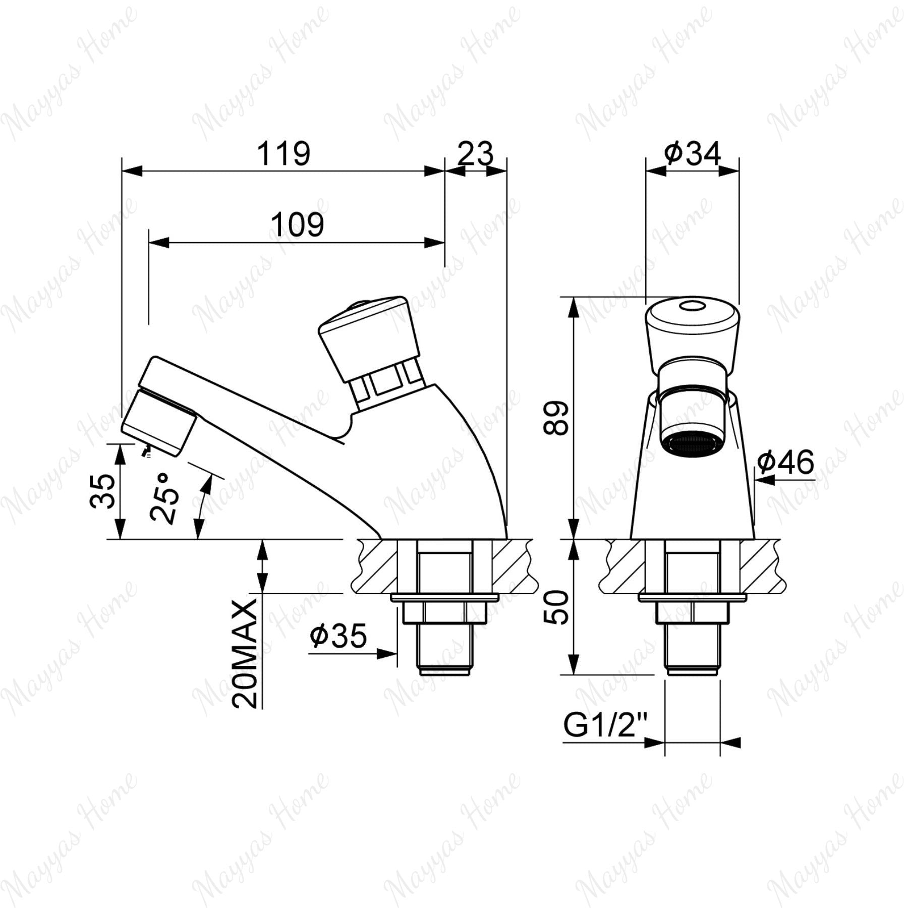 Single water timed sink tap with push-button control, integrated aerator, anti-vandal protection and adjustable flow options for commercial and public washrooms in UAE.