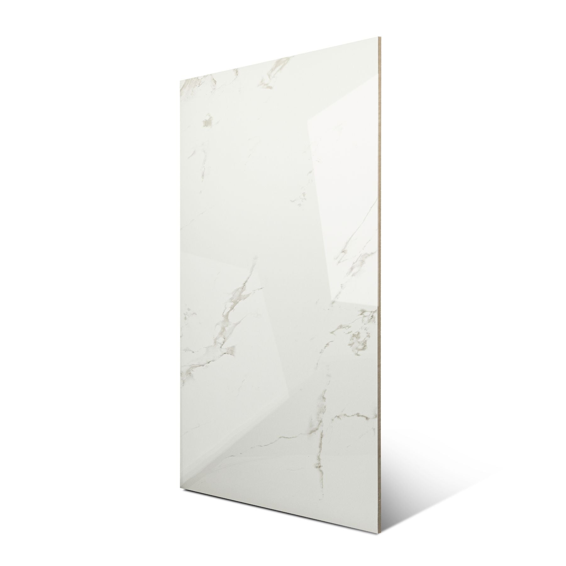 Smoke White glossy marble effect porcelain tile 60x120cm with 9mm thickness delivers a clean white look with subtle grey movement.