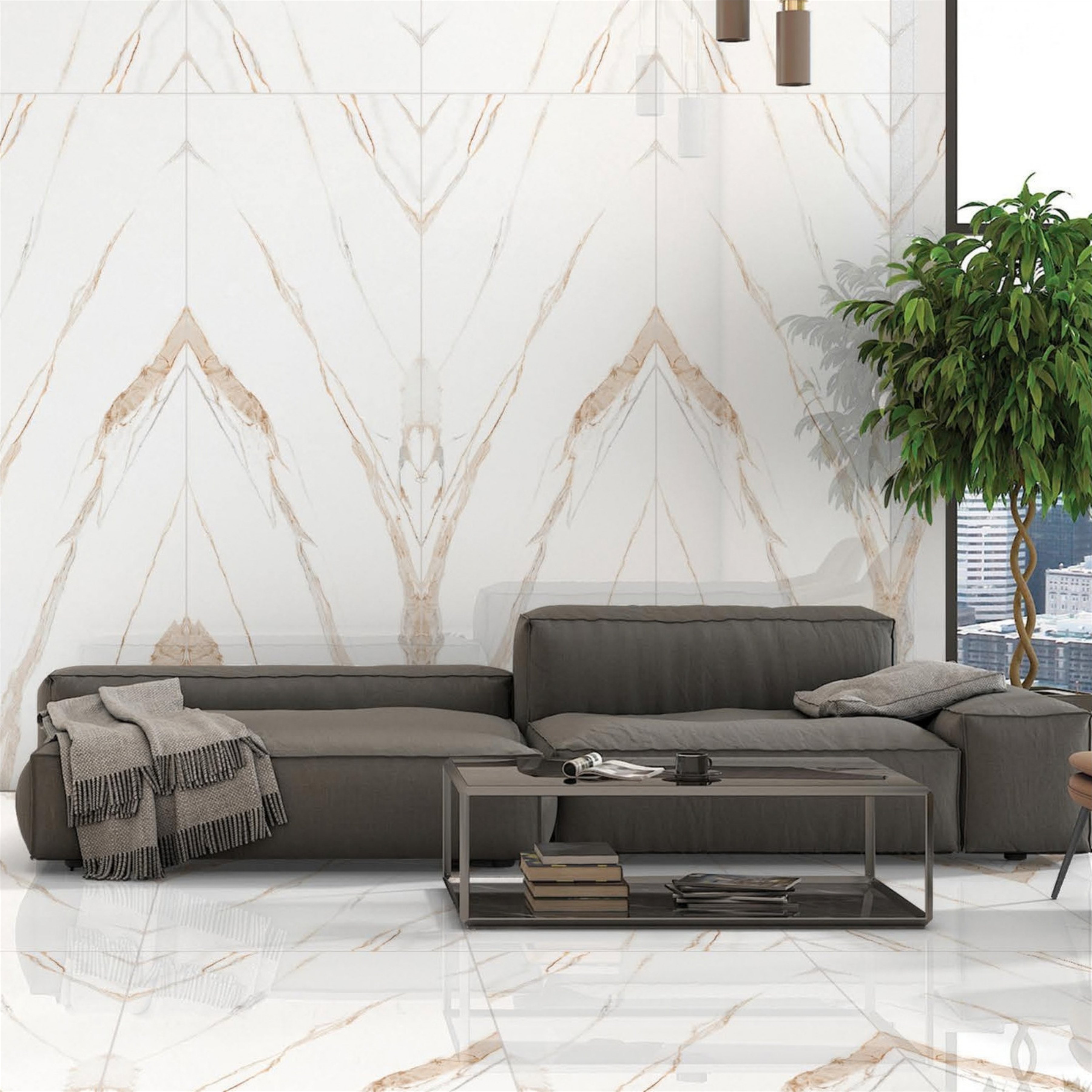 Statuario Lucidato white marble-look porcelain tile with elegant grey veining for luxury UAE interiors