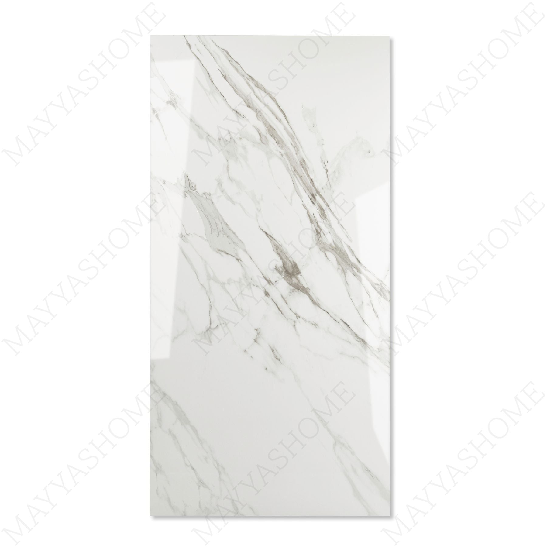 Statuario Classic glossy marble effect porcelain tile 60x120cm with 9mm thickness features white base, elegant grey veining and polished luxury finish.