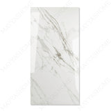 Statuario Classic glossy marble effect porcelain tile 60x120cm with 9mm thickness features white base, elegant grey veining and polished luxury finish.