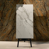 Statuario Classic glossy marble effect porcelain tile 60x120cm with 9mm thickness features white base, elegant grey veining and polished luxury finish.