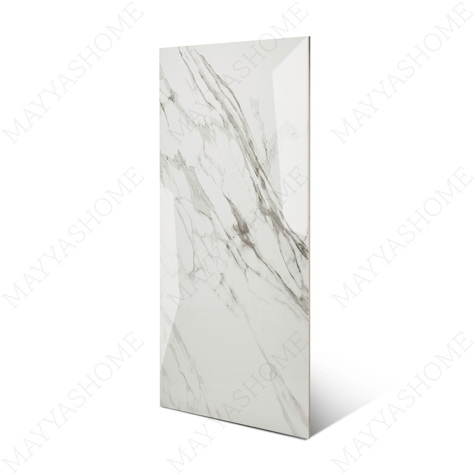 Statuario Classic glossy marble effect porcelain tile 60x120cm with 9mm thickness features white base, elegant grey veining and polished luxury finish.
