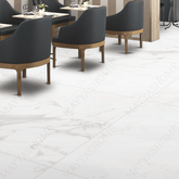 Statuario Jupiter 120x240cm silk matt porcelain tile. White marble look with bold grey veins, 09mm durable format, seamless finish for walls and floors.