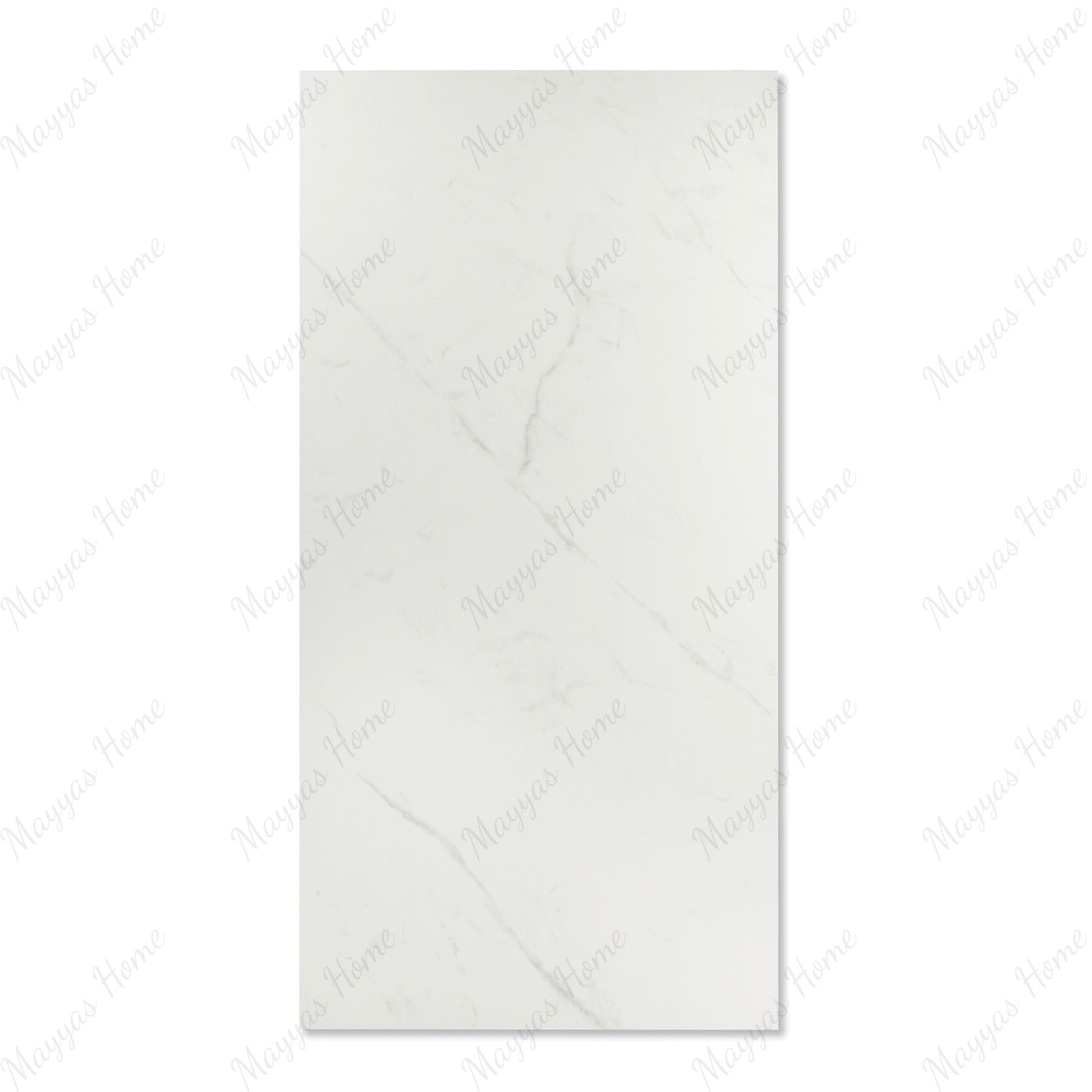 Statuario Pulido matt marble effect porcelain tile 60x120cm with 9mm thickness features white base, soft grey veining and smooth finish.