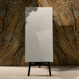 Statuario Pulido matt marble effect porcelain tile 60x120cm with 9mm thickness features white base, soft grey veining and smooth finish.