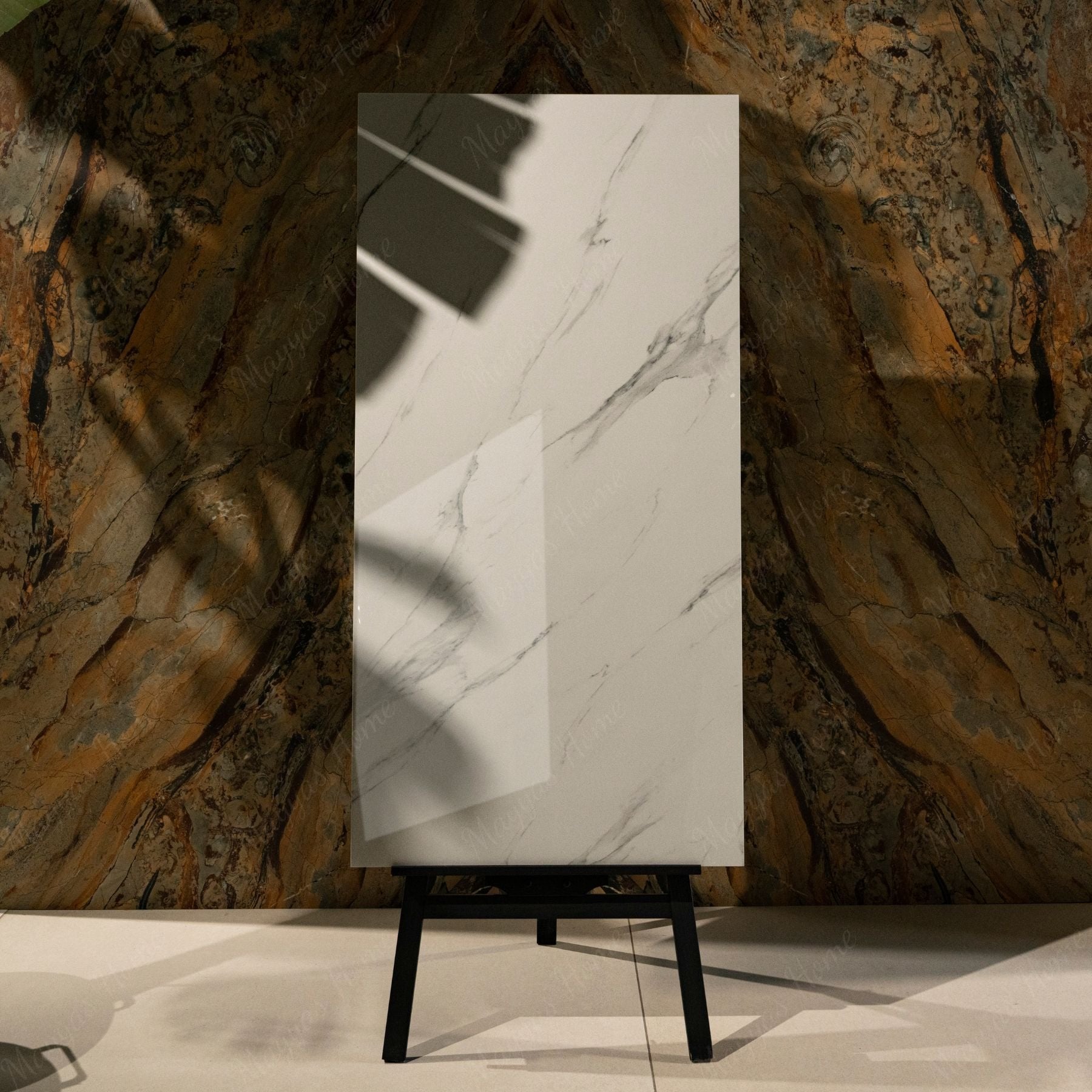 Statuario glossy marble effect porcelain tile 60x120cm with 9mm thickness features bold grey veining, polished shine, and a timeless luxury look for floors and walls.