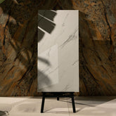 Statuario glossy marble effect porcelain tile 60x120cm with 9mm thickness features bold grey veining, polished shine, and a timeless luxury look for floors and walls.