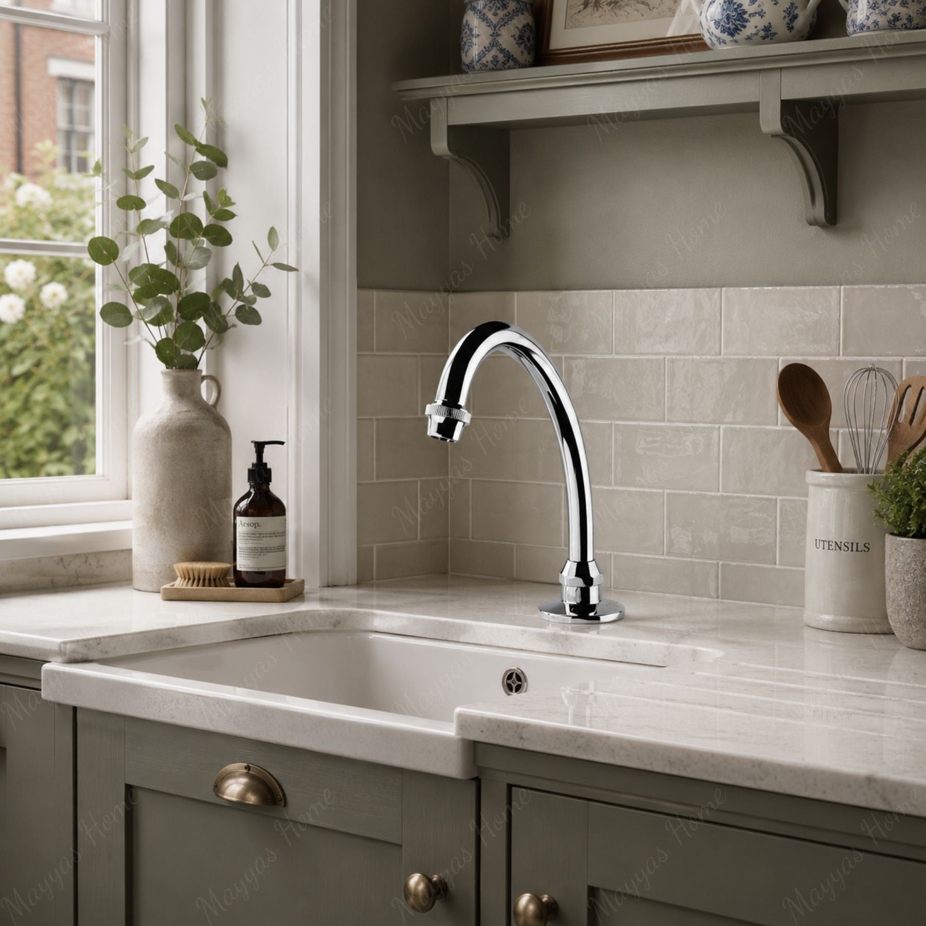 Swivel sink spout designed for above-counter installation with a G1/2 male connection and flow limiter options. Suitable for kitchens, hospitals in UAE.