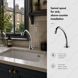 Swivel sink spout designed for above-counter installation with a G1/2 male connection and flow limiter options. Suitable for kitchens, hospitals in UAE.
