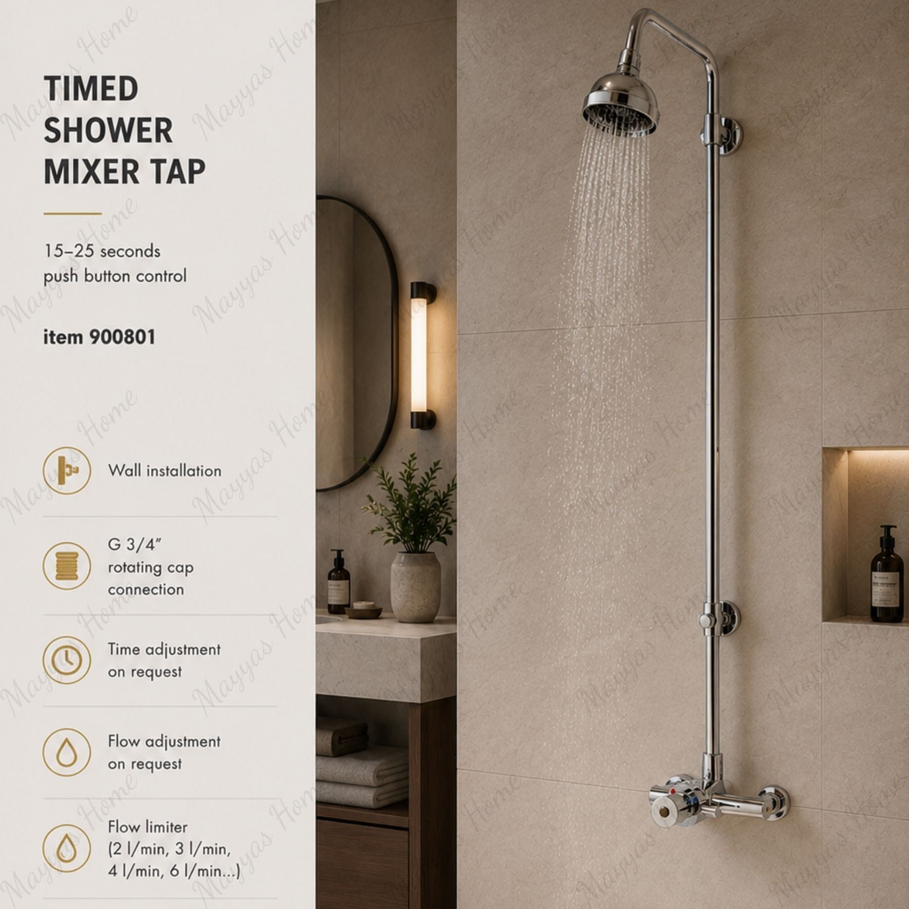 Timed shower mixer tap with 15–25 second push-button control and anti-vandal design. Ideal for UAE commercial, hospitality, healthcare and public facilities.