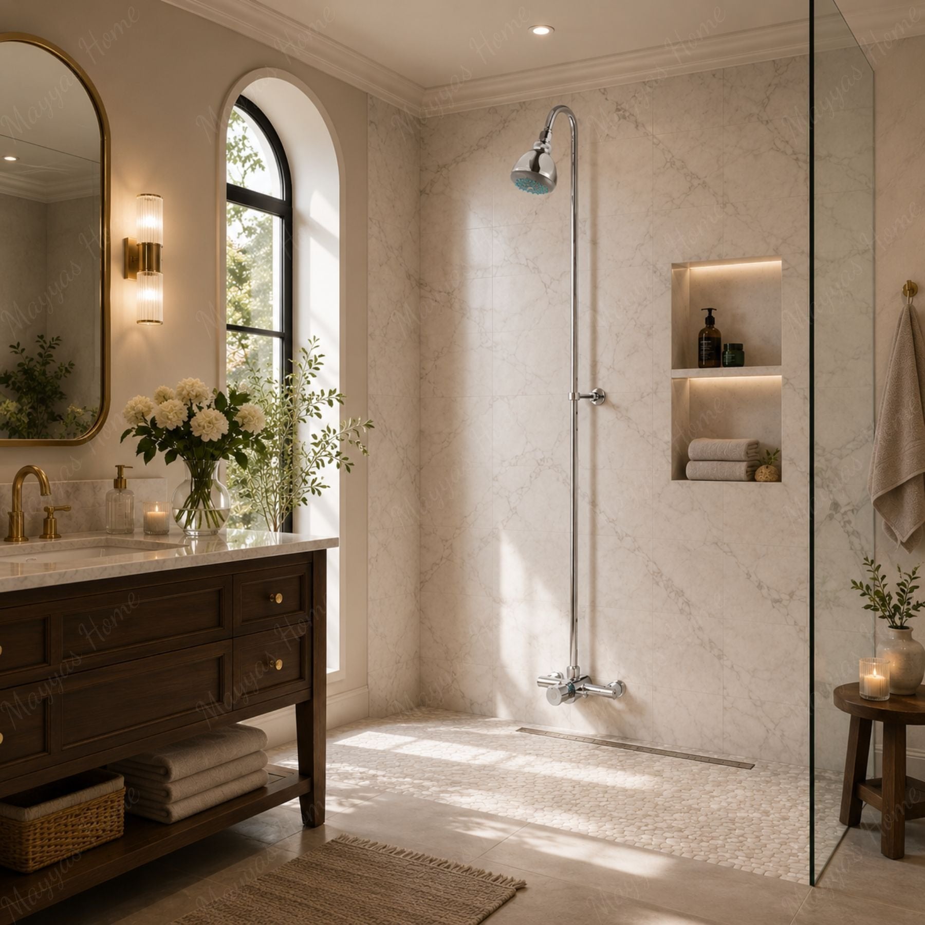 Timed shower mixer tap with push-button control, shower column and head. Water-saving anti-vandal shower solution for commercial, hospitality and public facilities in the UAE.