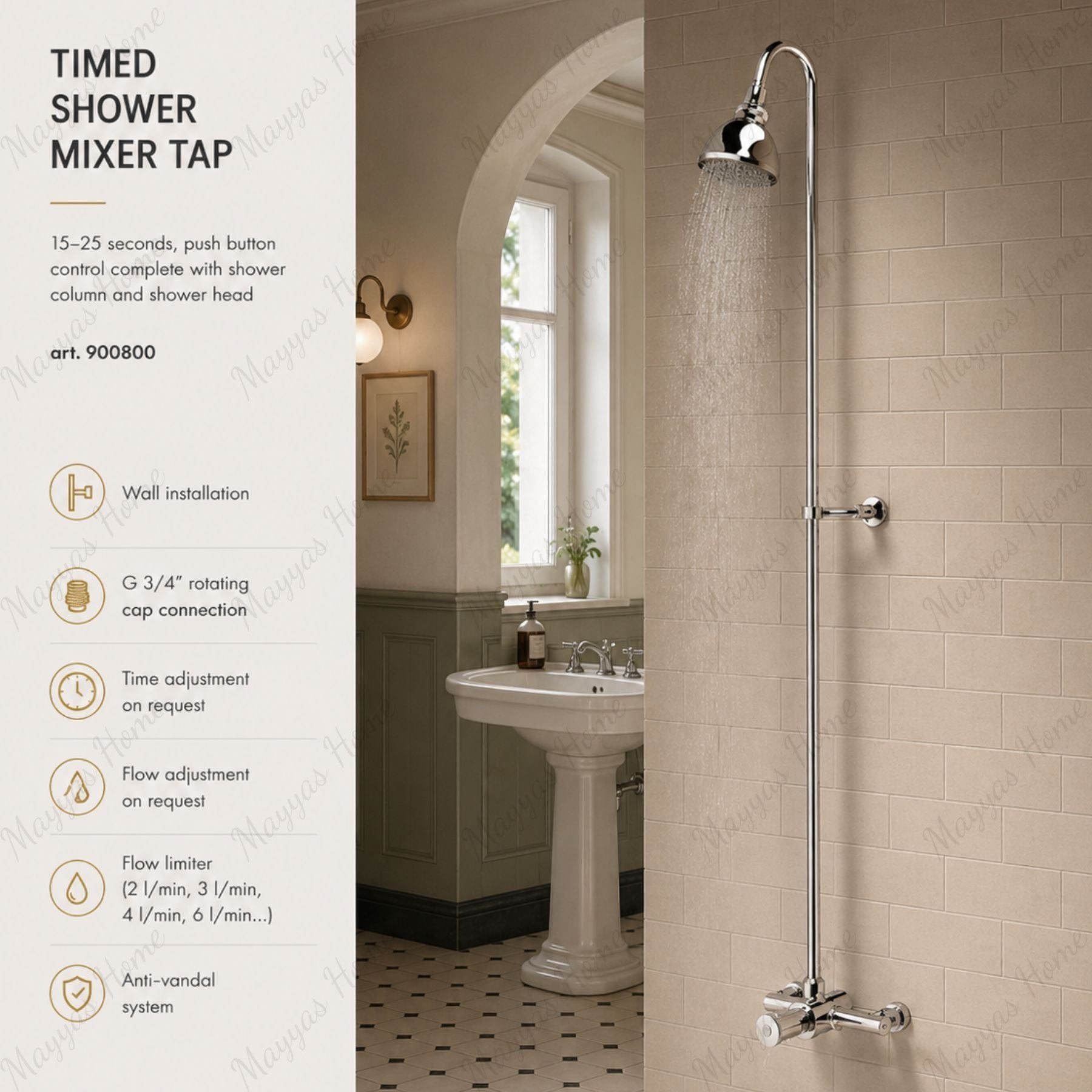Timed shower mixer tap with push-button control, shower column and head. Water-saving anti-vandal shower solution for commercial, hospitality and public facilities in the UAE.