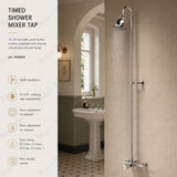 Timed shower mixer tap with push-button control, shower column and head. Water-saving anti-vandal shower solution for commercial, hospitality and public facilities in the UAE.