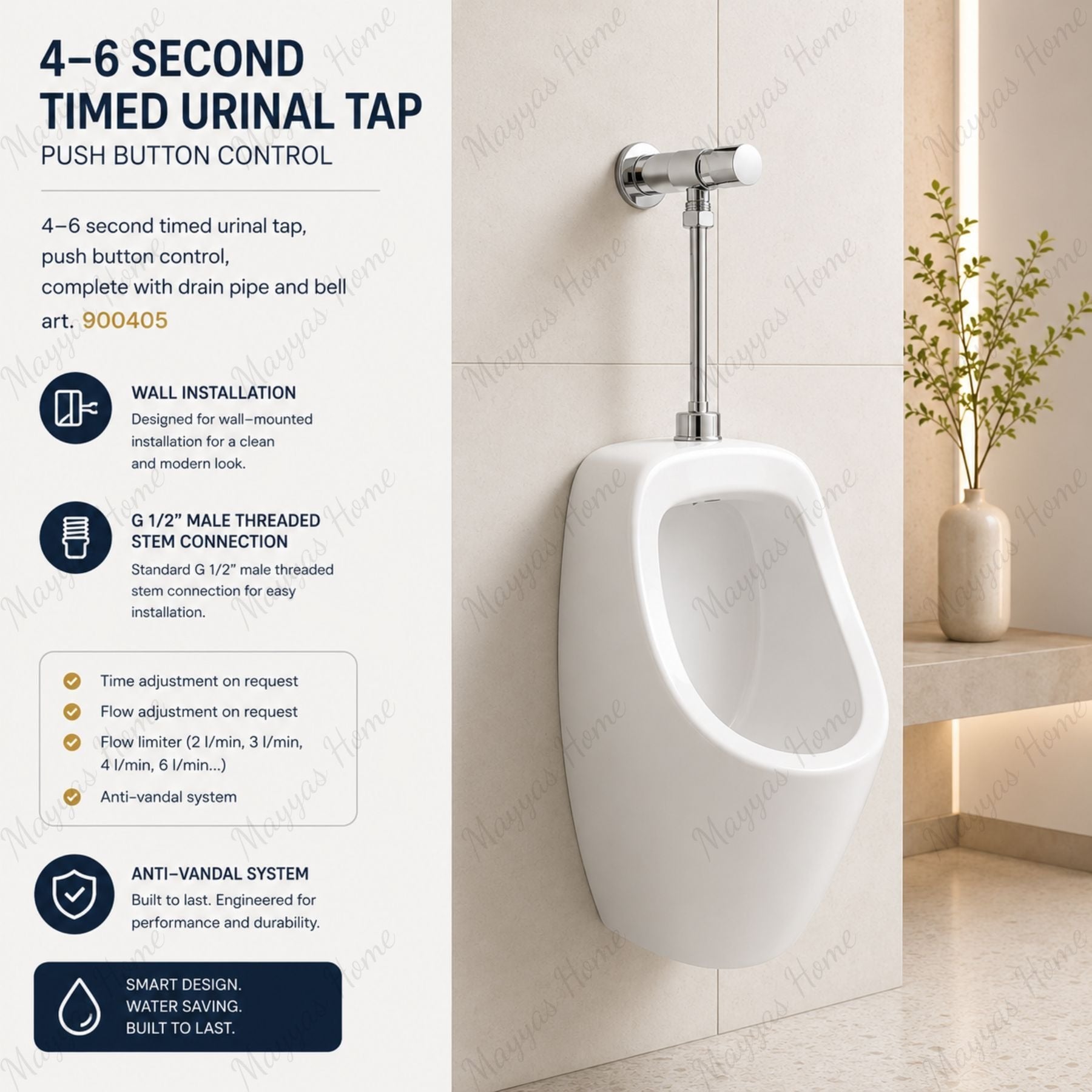 Timed urinal tap with drain pipe, bell, push-button control and anti-vandal system. Ideal for commercial, healthcare and public washrooms across UAE.