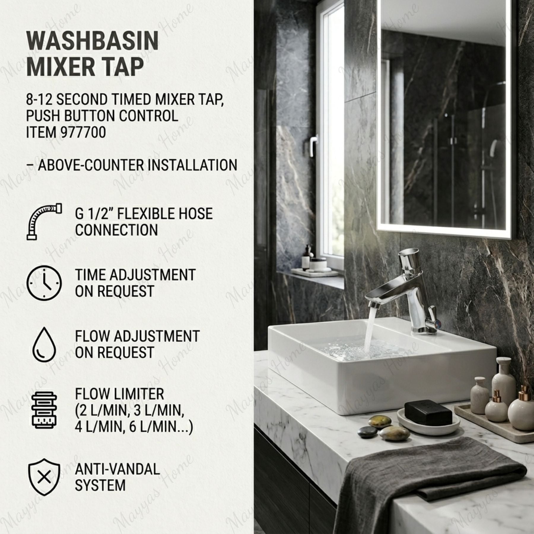 Timed washbasin mixer tap with push-button control, anti-vandal protection and water-saving performance. Ideal for UAE commercial and public washrooms.