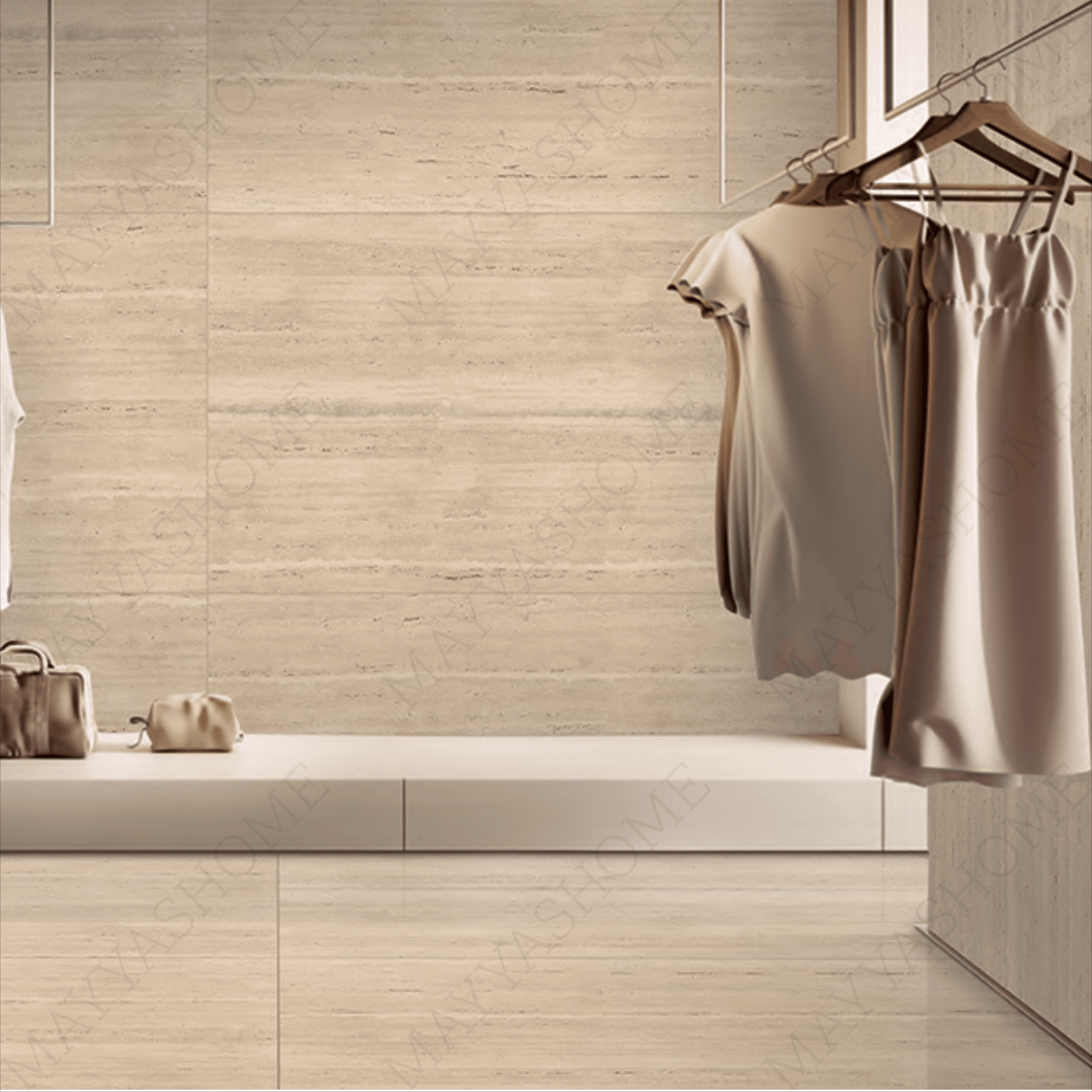 Travertine Beige 120x240cm glossy porcelain tile with warm stone look. Durable 9mm design for elegant floors and walls.