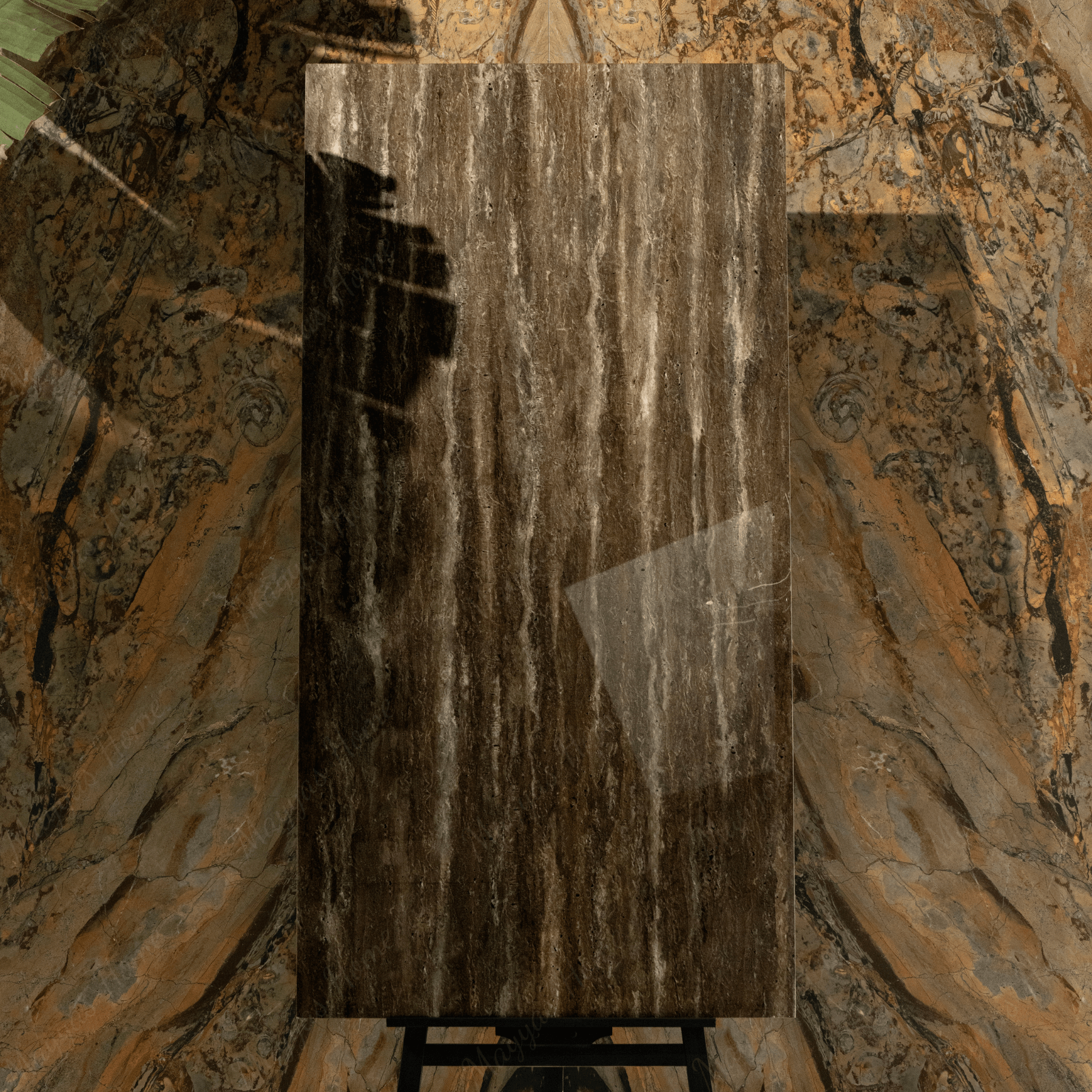 Travertino Texo Brown 80x160cm 9 mm high glossy porcelain tiles. Luxurious brown marble-look floor & wall tiles for UAE interiors.
