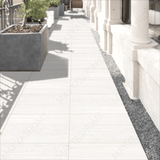 Travino Bianco 60x120cm porcelain tile, 20mm thick with R11 slip-resistant rough matt finish. Elegant white stone look, ideal for outdoor spaces.