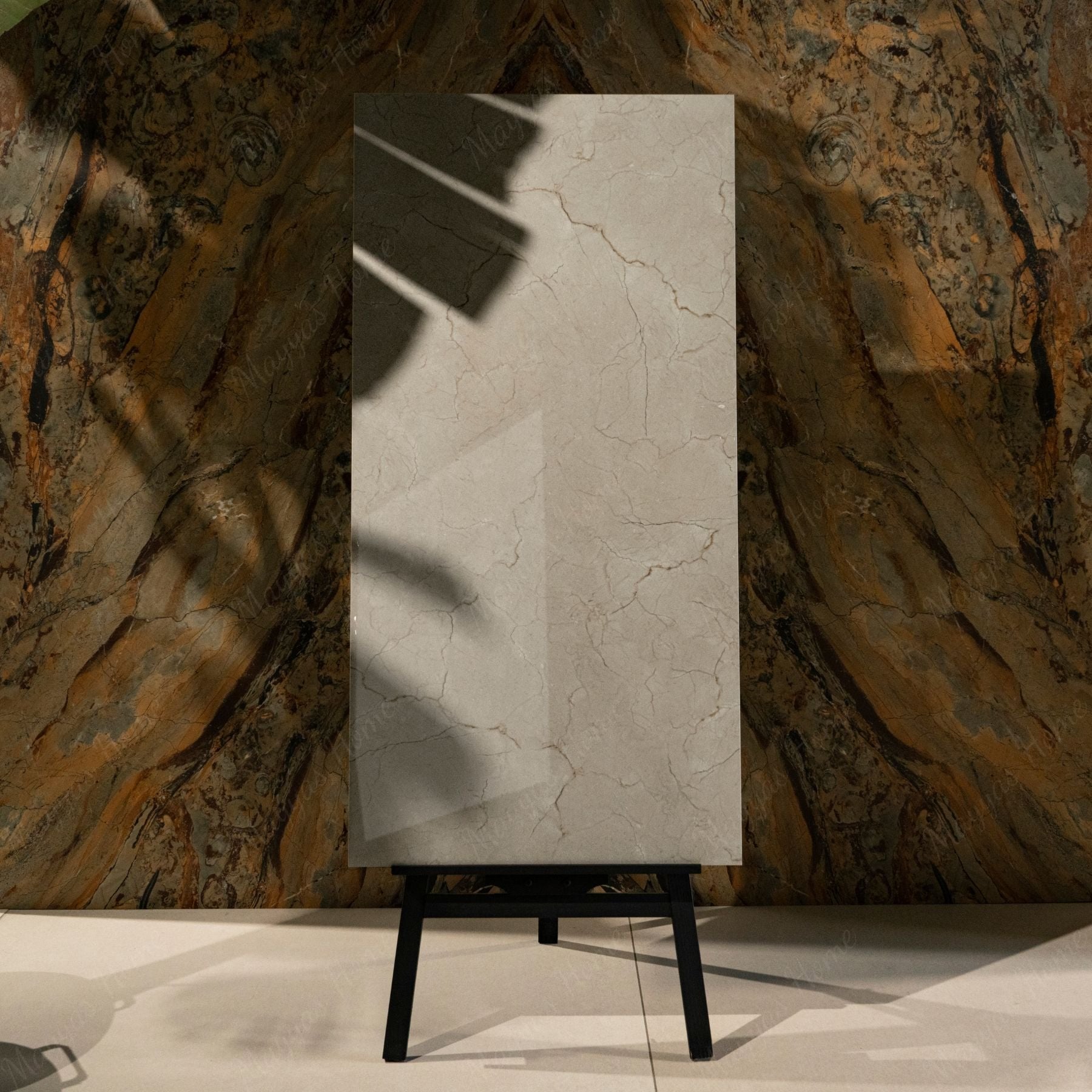 Vanilla Mist glossy marble effect porcelain tile 60x120cm with 9mm thickness features soft creamy tones and elegant shine.