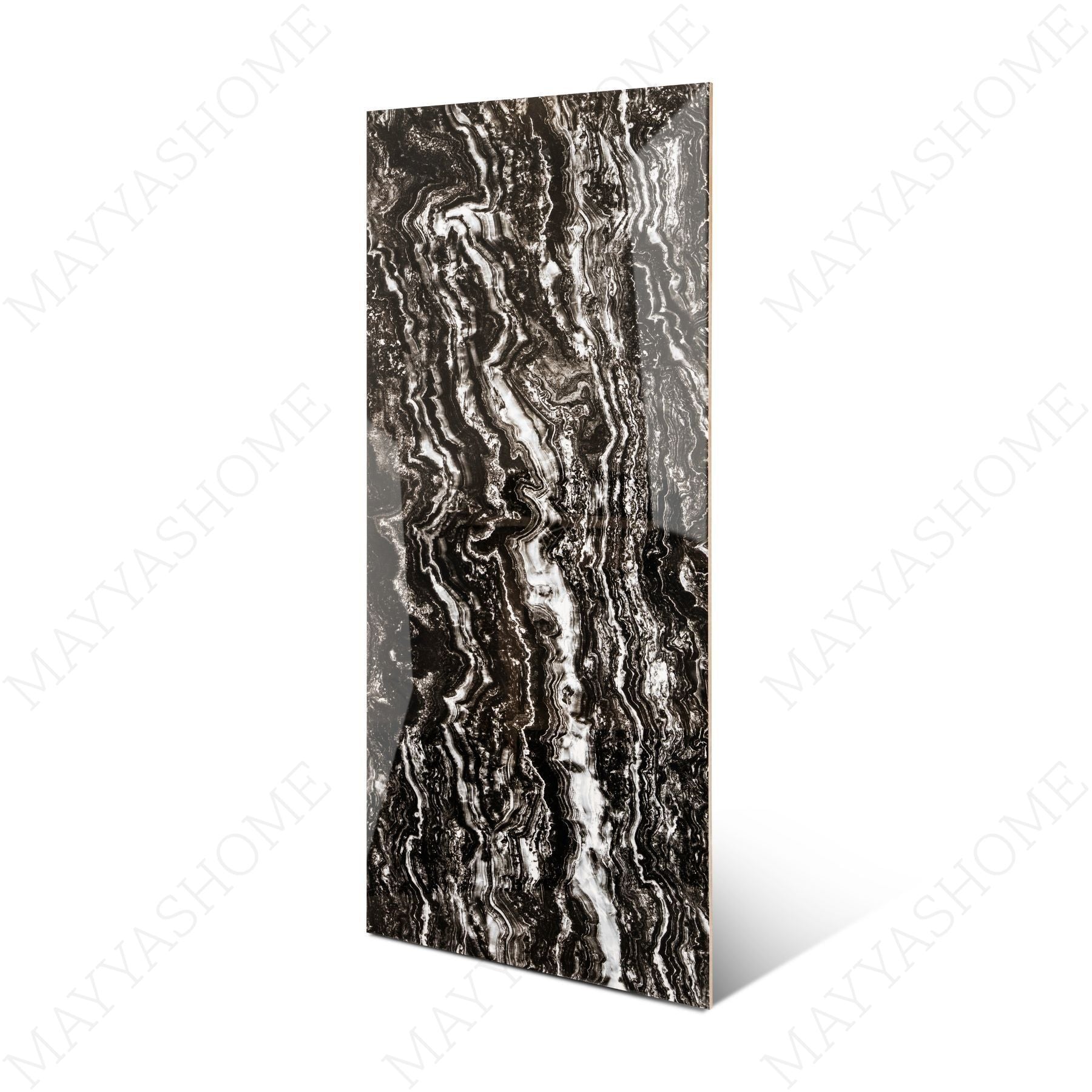 Vercel Black glossy marble porcelain tile 60x120cm with 9mm thickness features deep black base, subtle veining and polished finish.