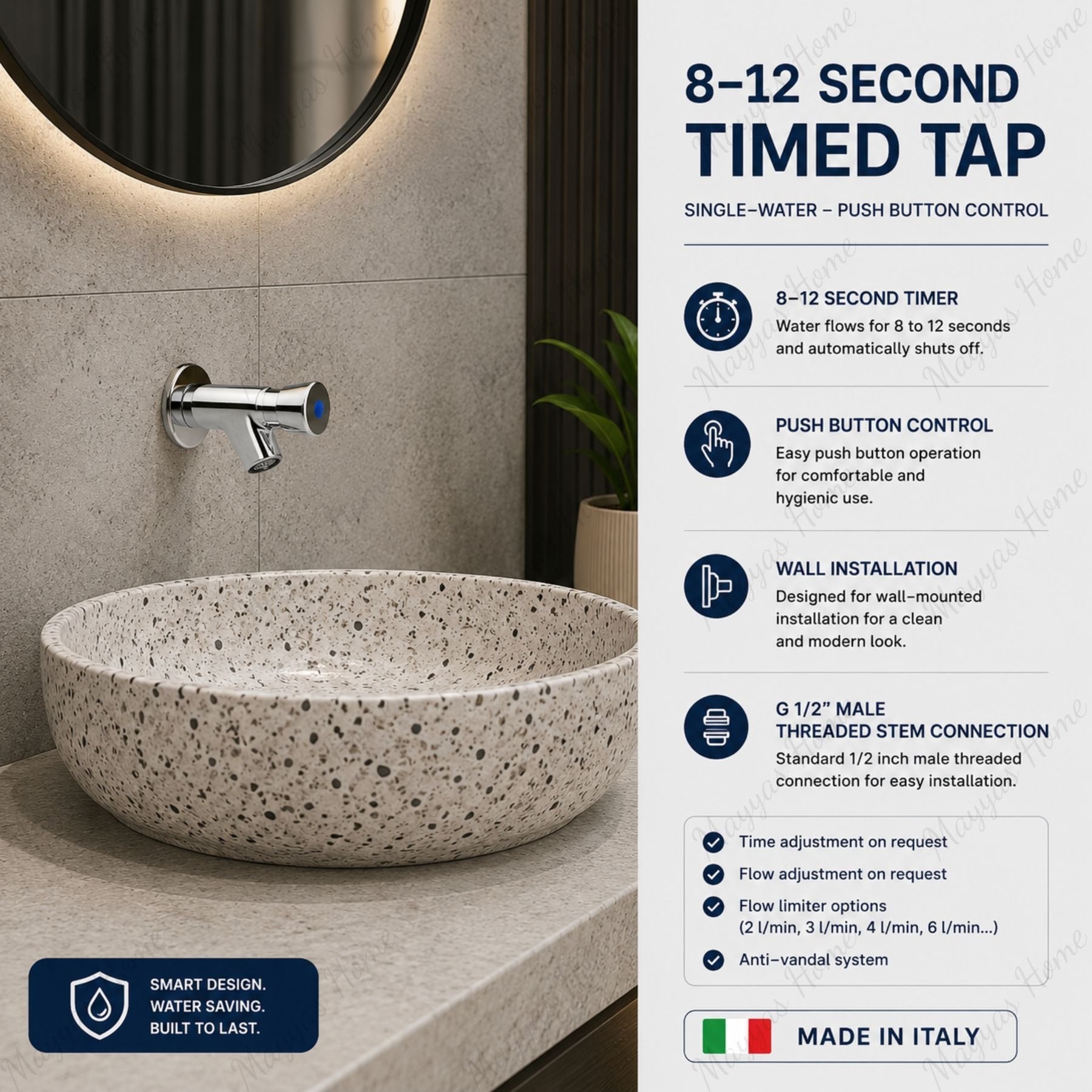 Wall-mounted single-water timed tap with push-button control, adjustable flow and anti-vandal protection for commercial and public washrooms in the UAE.