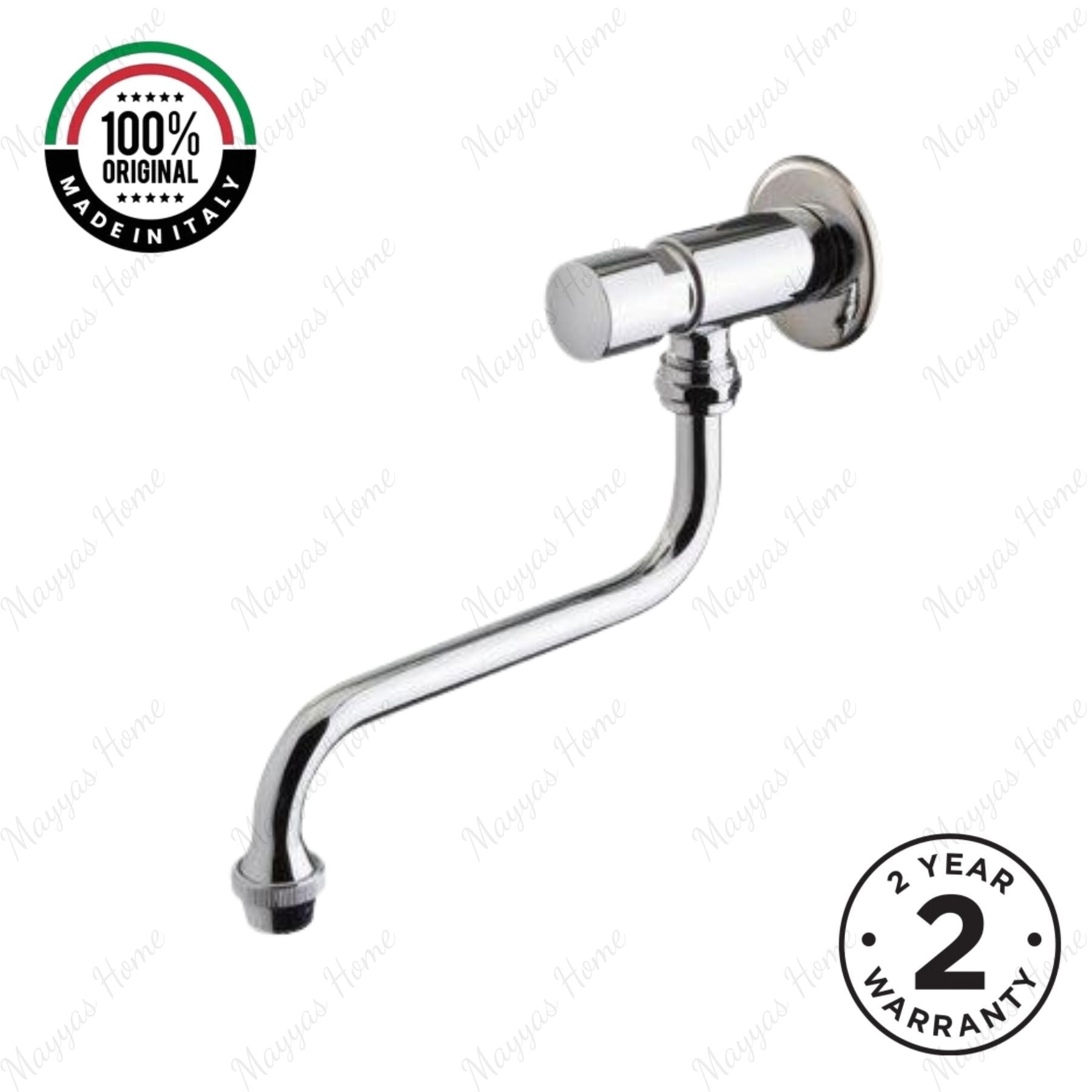 Wall-mounted single-water timed tap with swivel spout, push-button control, adjustable flow and anti-vandal protection for commercial and public washrooms.