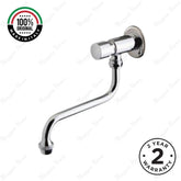 Wall-mounted single-water timed tap with swivel spout, push-button control, adjustable flow and anti-vandal protection for commercial and public washrooms.