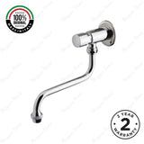 Wall-mounted single-water timed tap with swivel spout, push-button control, adjustable flow and anti-vandal protection for commercial and public washrooms.